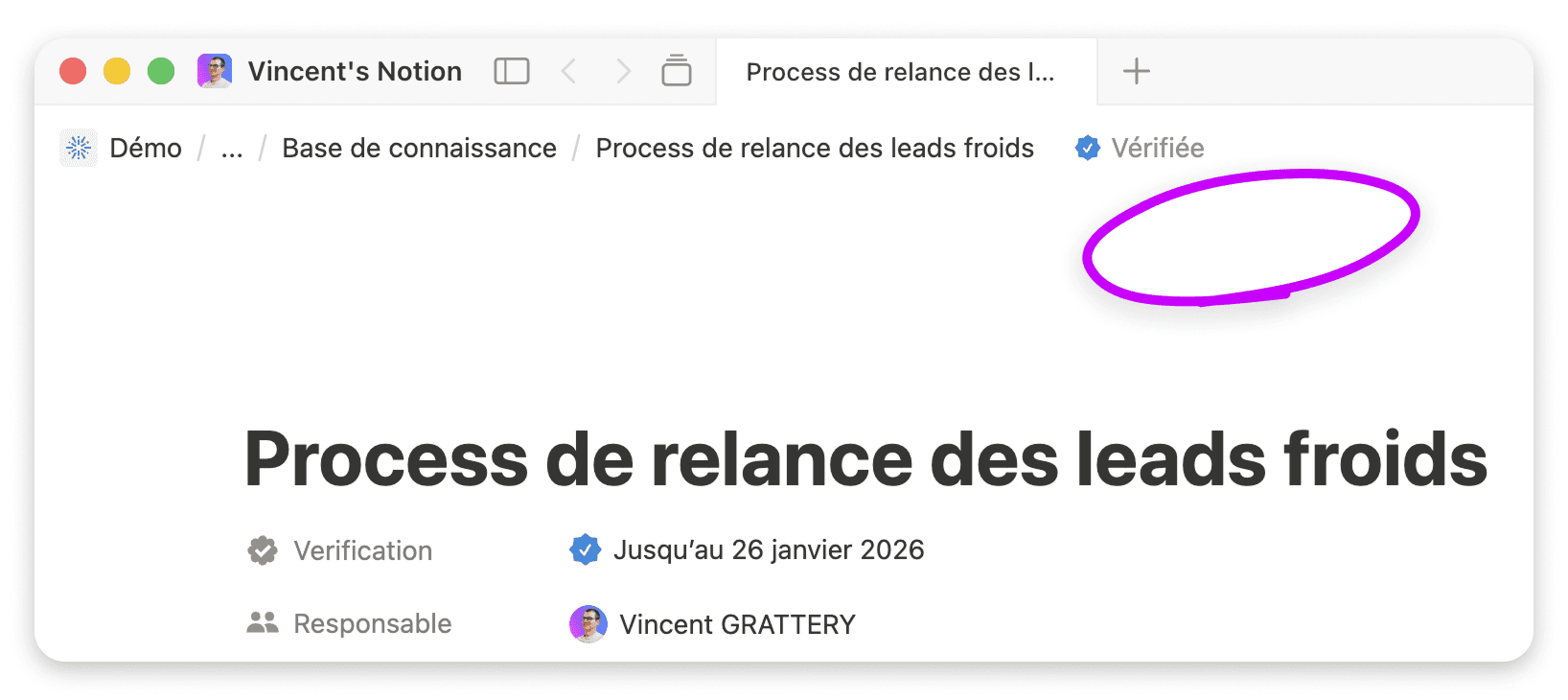 Affichage de la propriété "Verifiée" dans Notion