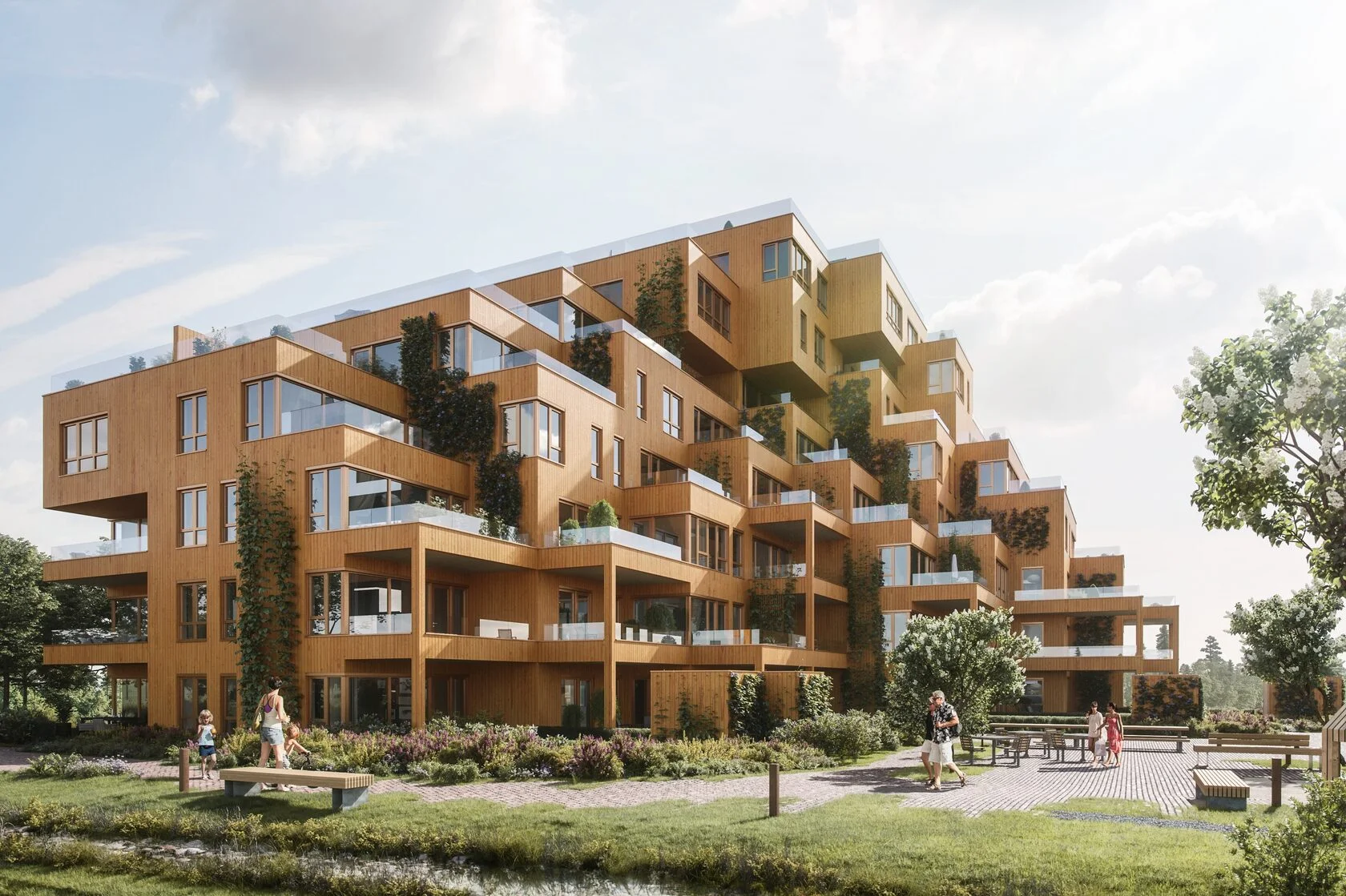 New homes with planted balconies and a shared garden.