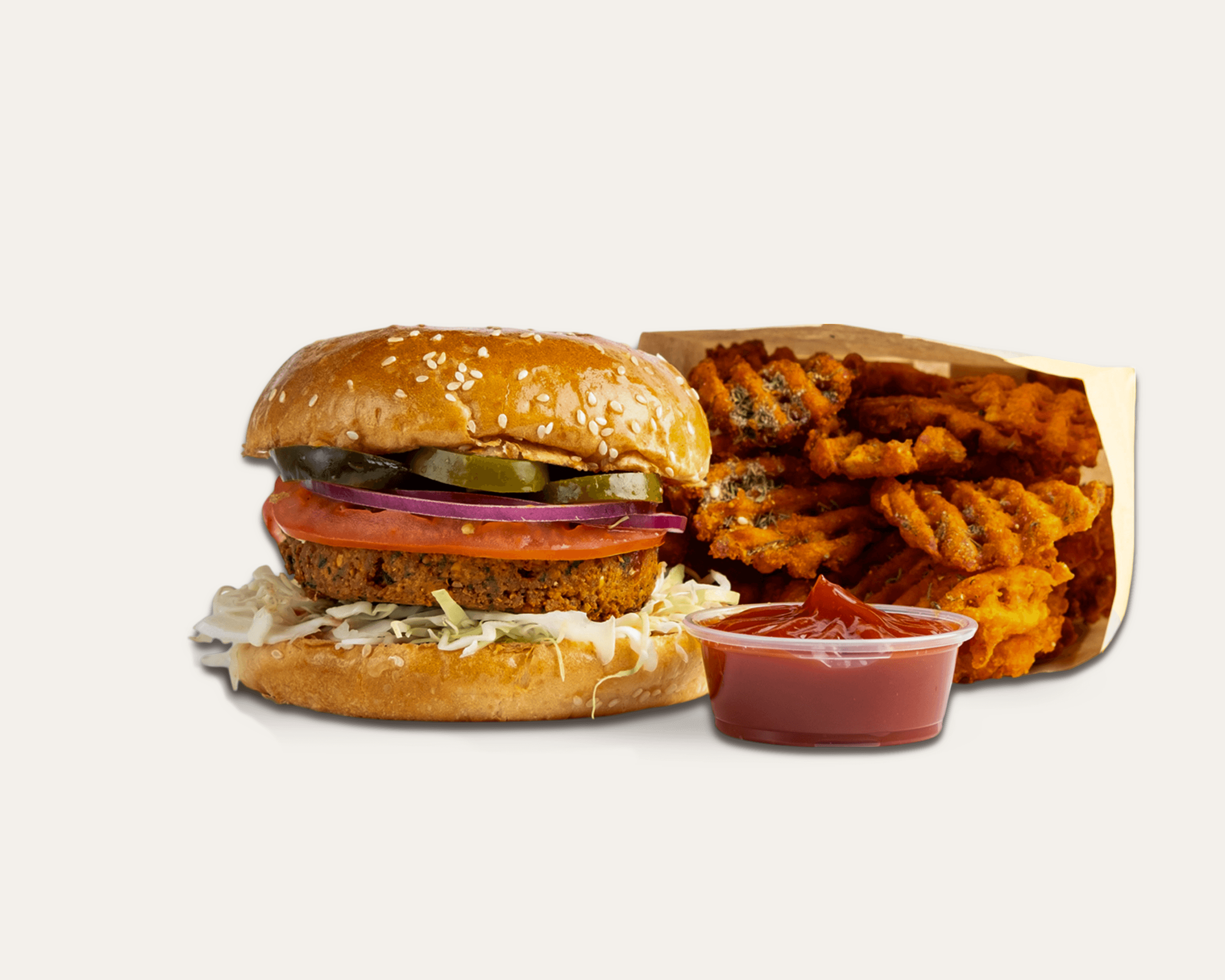Crispy falafel patty, sliced tomatoes, onions, white cabbage, cherry peppers, & ketchup. Served with sweet potato fries.