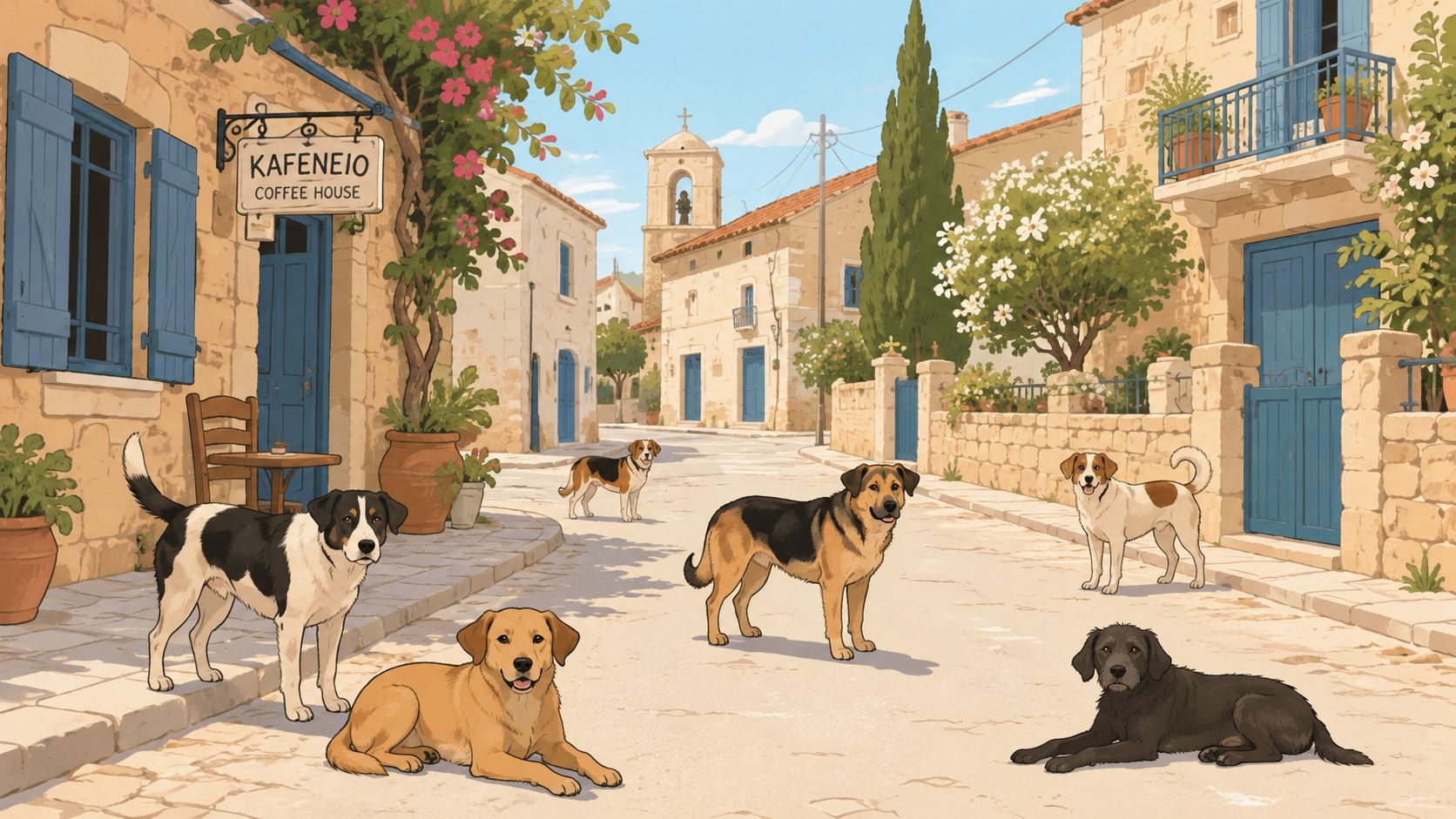 Several dogs of different breeds resting and standing on a charming cobblestone street in a Mediterranean village.