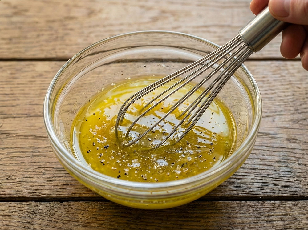 Honey, olive oil and lemon juice being mixed.