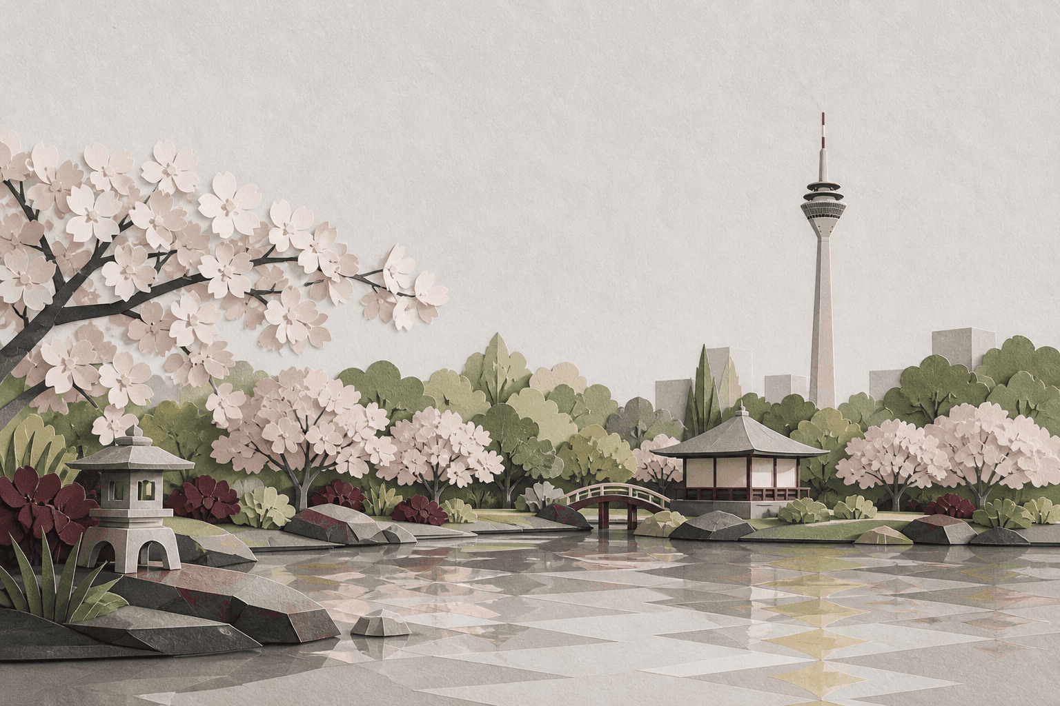 Papiermaquette eines blühenden Düsseldorfer Parks im Mai mit Rheinturm in der Ferne.