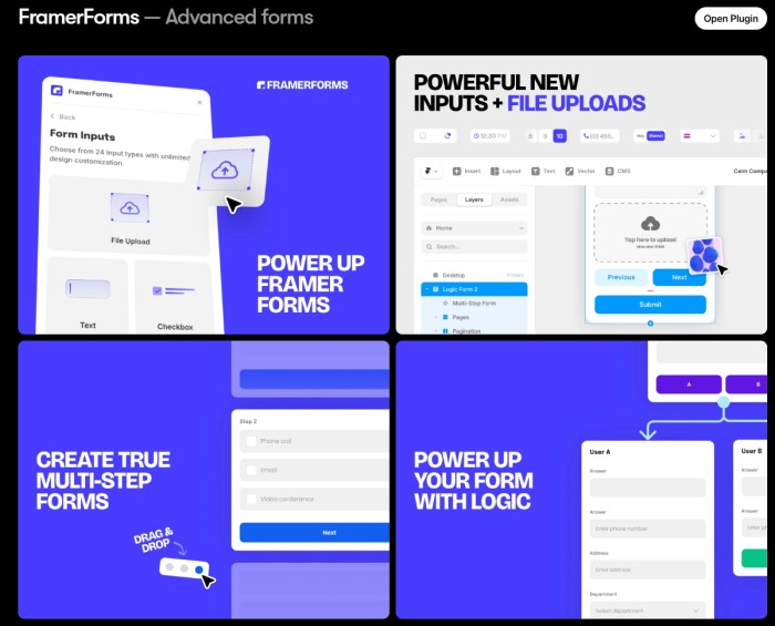 Página de FramerForms en el Marketplace mostrando file uploads, formularios multipaso y lógica condicional