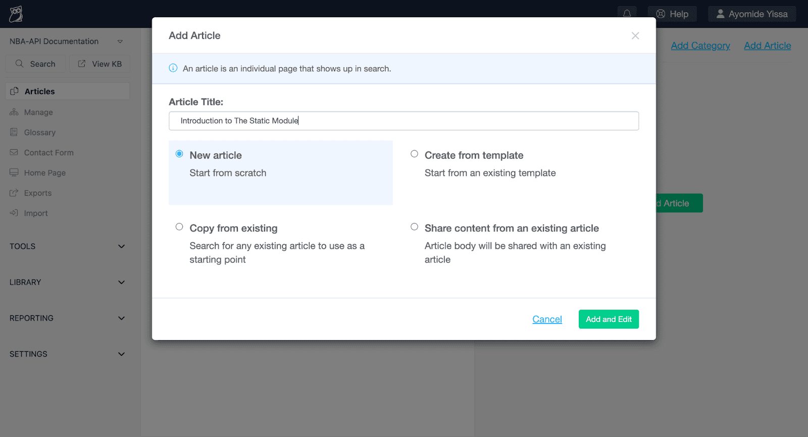 A screenshot of KnowledgeOwl's "Add Article" pop-up window.