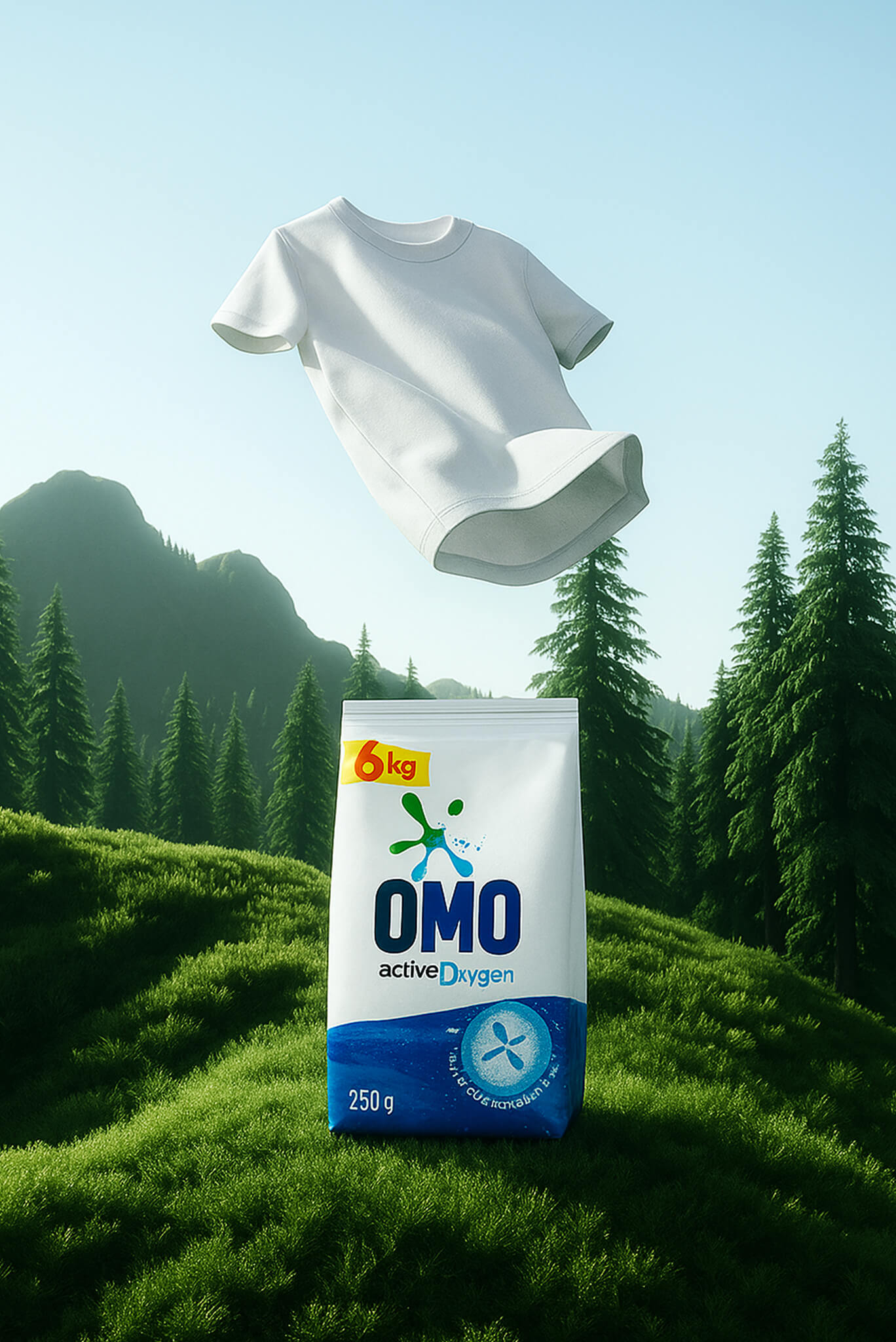 OMO Active Oxygen detergent pack with floating white t-shirt in a lush green forest setting under blue sky.