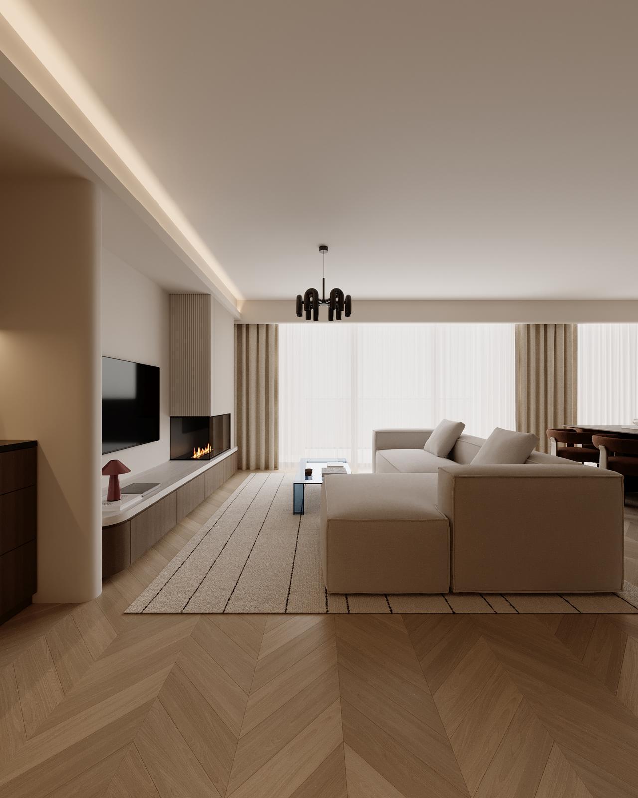 Modern living room with light wood floors, a soft sofa, wall-mounted TV, and large windows allowing natural light.