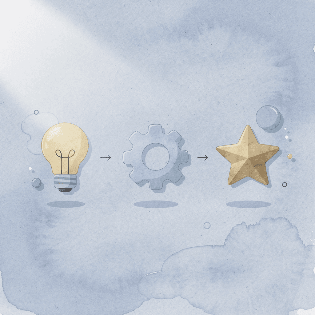 Three icons showing exploration, repetition, and the discovery process