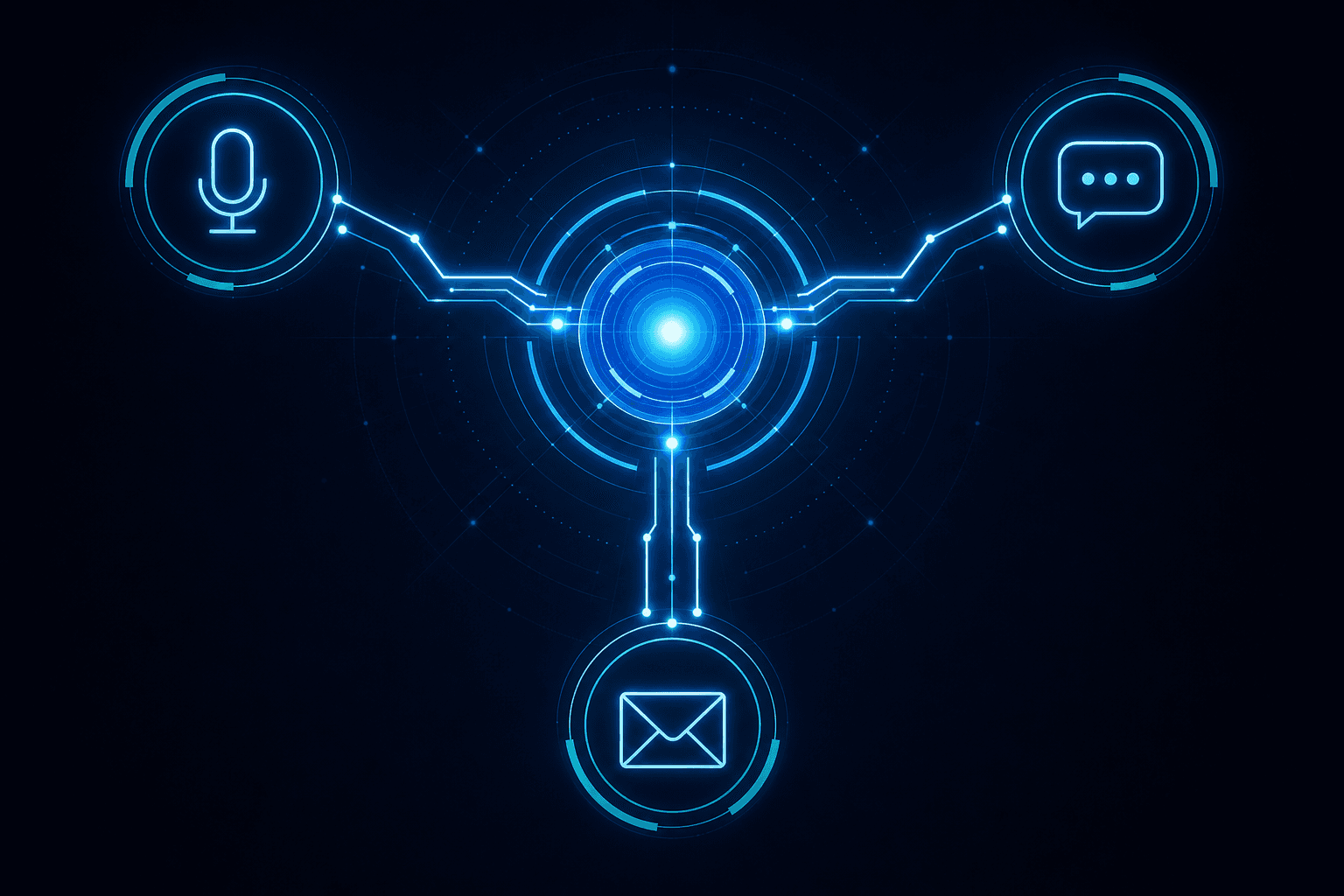 A sleek abstract diagram showing a single central glowing node or core labeled with nothing, radiating structured connections outward to three distinct interface symbols representing voice, chat, and email channels. The connections pulse with uniform light, symbolizing identical logic flowing to each channel. Dark background with deep blue and teal accents, geometric lines, no people, no text, no labels, no letters, no words, clean modern design.