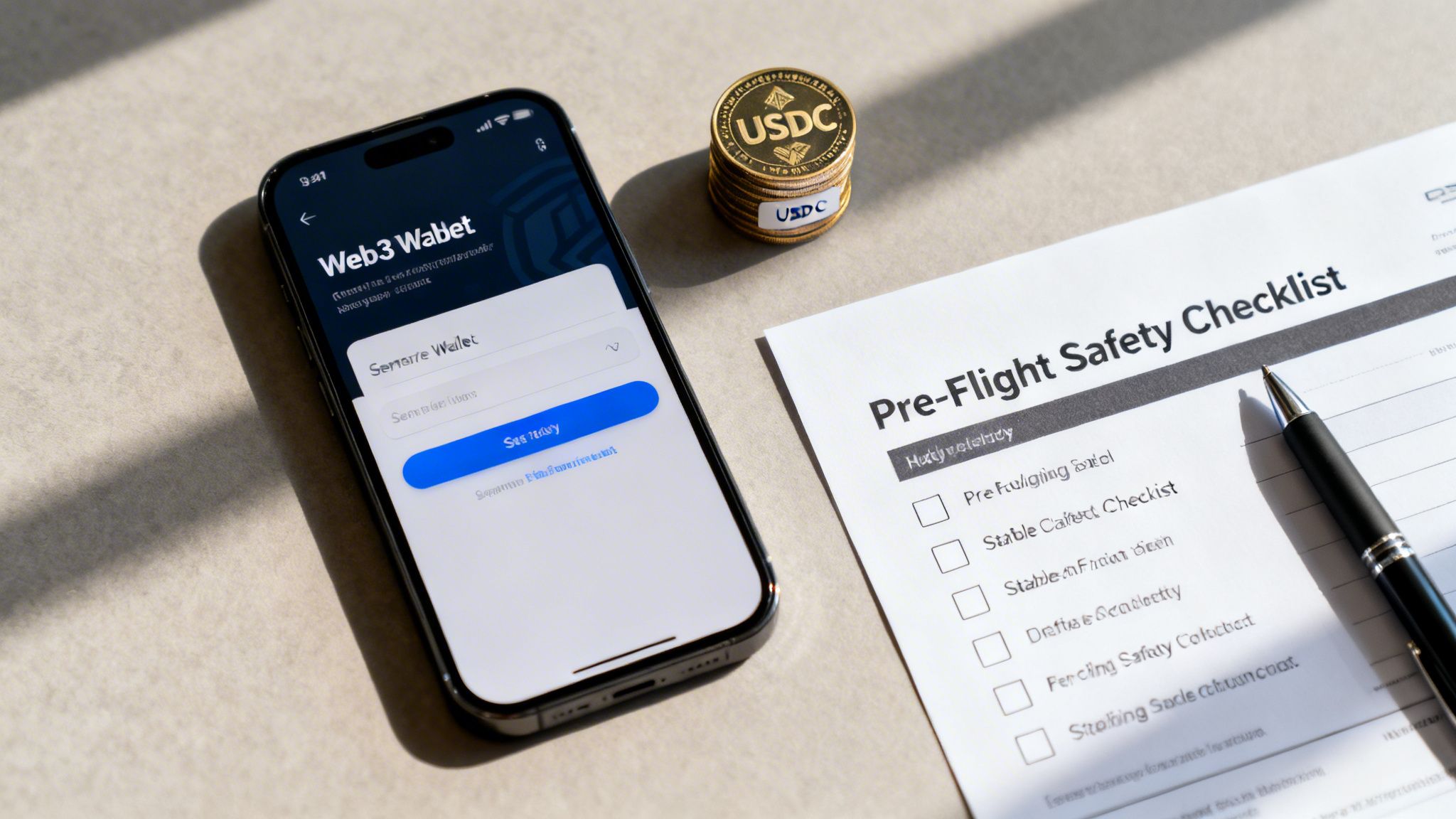 A smartphone displays a Web3 wallet app alongside USDC crypto coins and a pre-flight safety checklist.