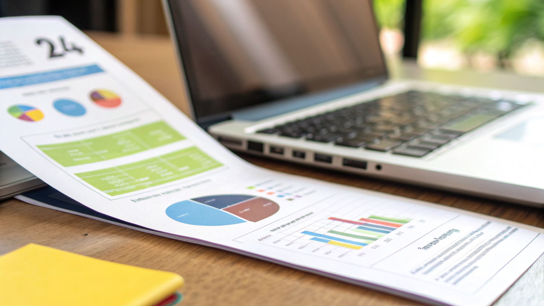 Close-up of business documents with charts and graphs next to a laptop on a wooden desk.