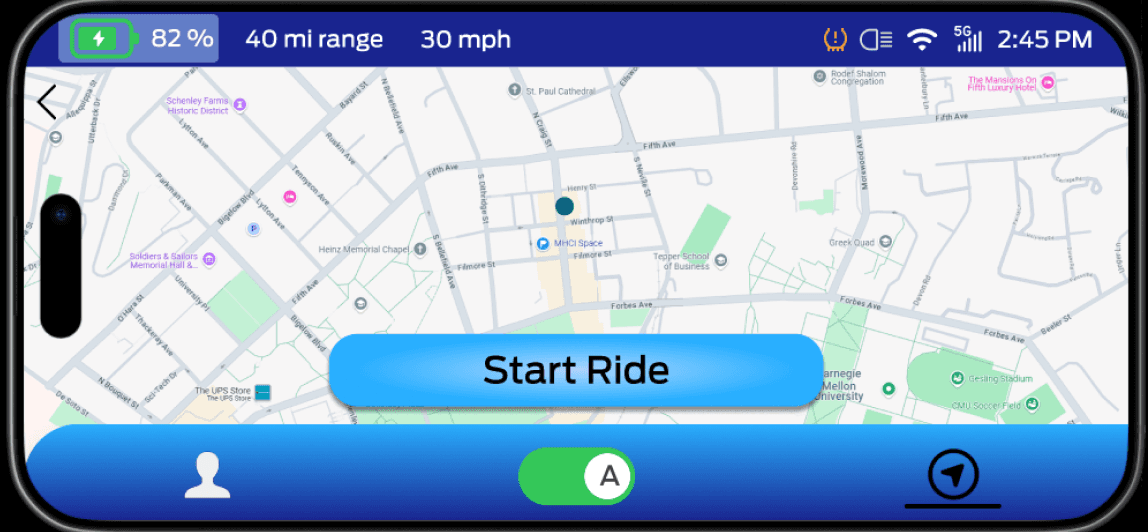 Dashboard start ride screen, with a map centered and a blue gradient "Start Ride" button centered at the bottom (above the navigation bar)