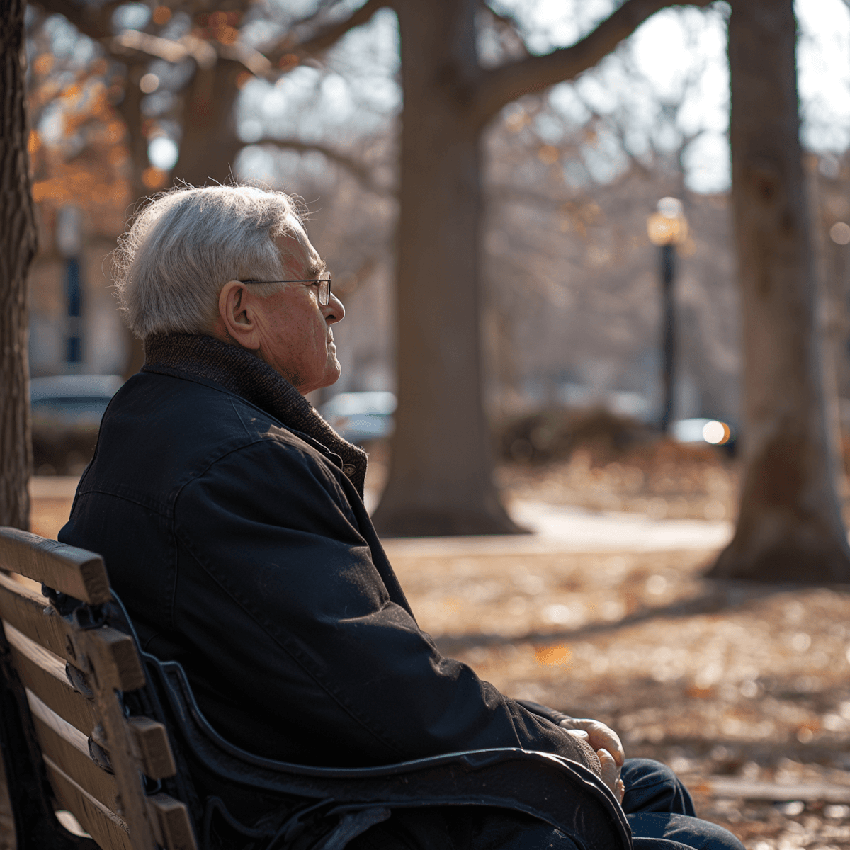 Senior man sits thoughtfully on a park bench during autumn, surrounded by bare trees and soft, golden sunlight filtering through the branches.