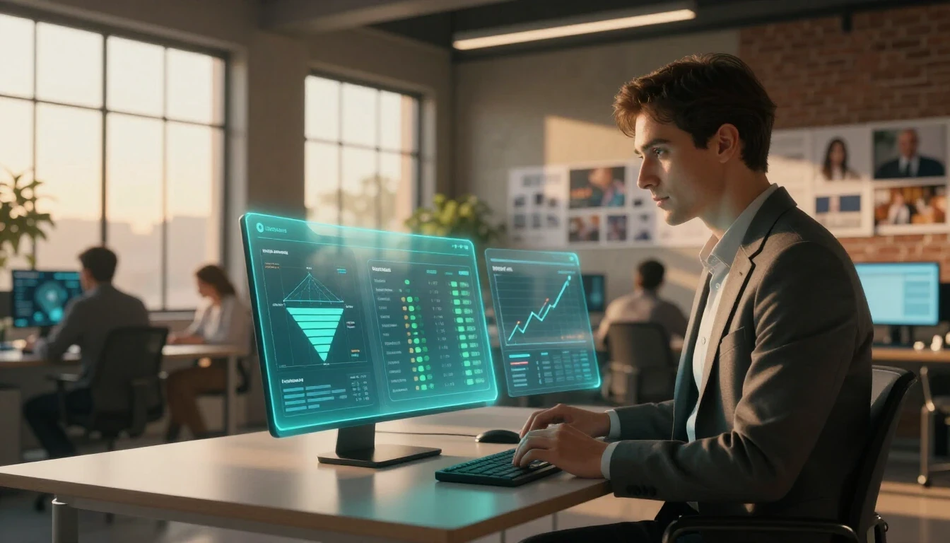 A marketing professional works at a modern creative agency using an AI-powered advertising platform with transparent digital dashboards displaying campaign analytics, sales funnels, audience performance, and marketing metrics. Additional screens show real-time data visualization and growth trends while team members collaborate in the background of the open-plan office. Large windows fill the workspace with natural light, highlighting an AI-driven environment focused on campaign optimization, lead generation, and data-informed marketing decisions.