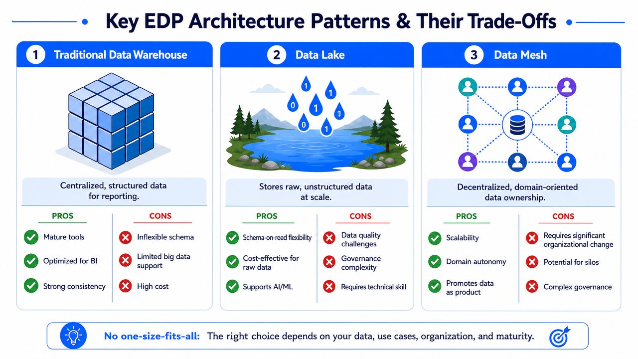 A comparison chart showing key features, pros, and cons of data warehouses, data lakes, and data mesh architectures.