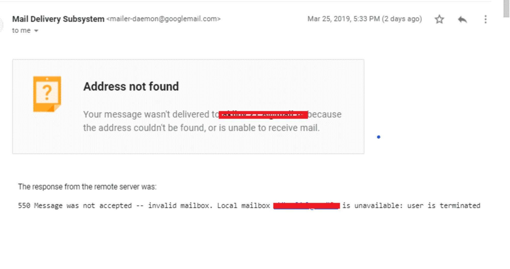 Non-Existent Email Notification: A mail delivery failure message showing an "Address not found" error, indicating the recipient's mailbox is invalid or terminated.