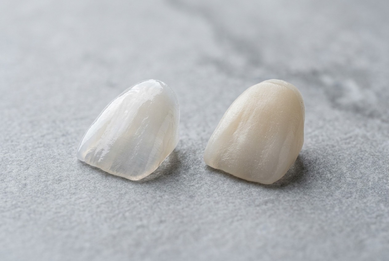 Comparison of ceramic porcelain veneer and composite veneer showing material differences