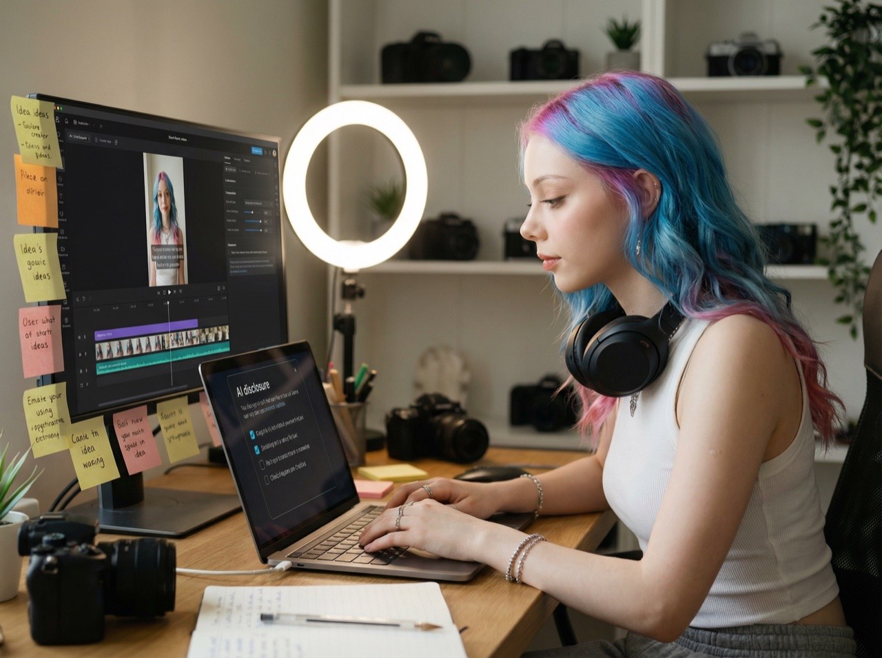 Lucy reviewing a draft TikTok video and checking AI disclosure requirements before posting — editing timeline and checklist visible on screen
