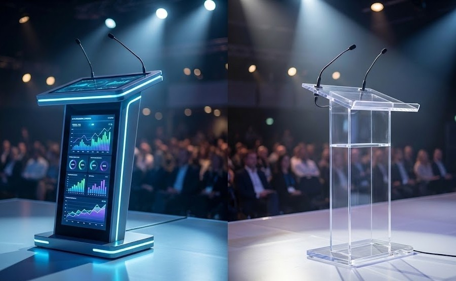 Fotomontagem comparando dois pódios num palco de conferências: à esquerda, um pódio digital moderno com ecrã LED exibindo gráficos e dados em azul e roxo, e à direita, um pódio simples de acrílico transparente com microfones, com um público desfocado ao fundo sob holofotes.