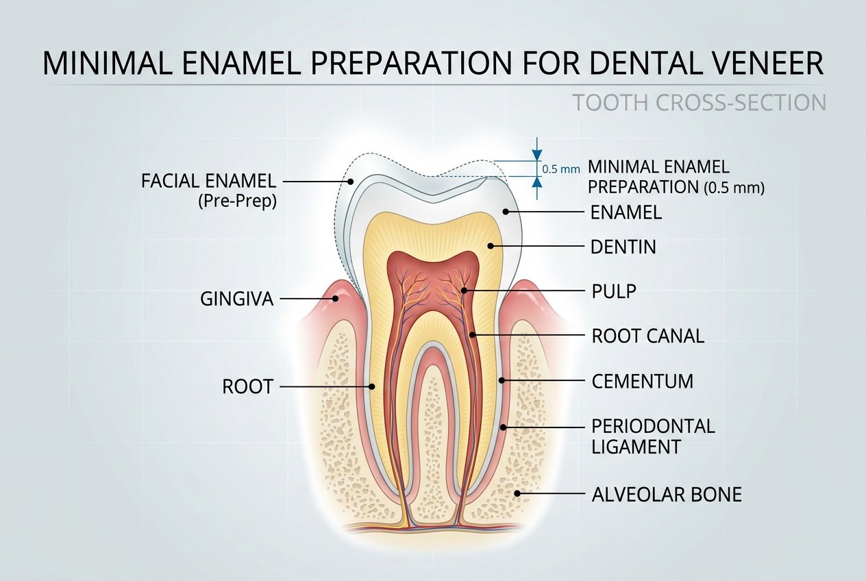 Dental veneer tooth preparation showing minimal enamel removal of 0.5 to 1.0 mm