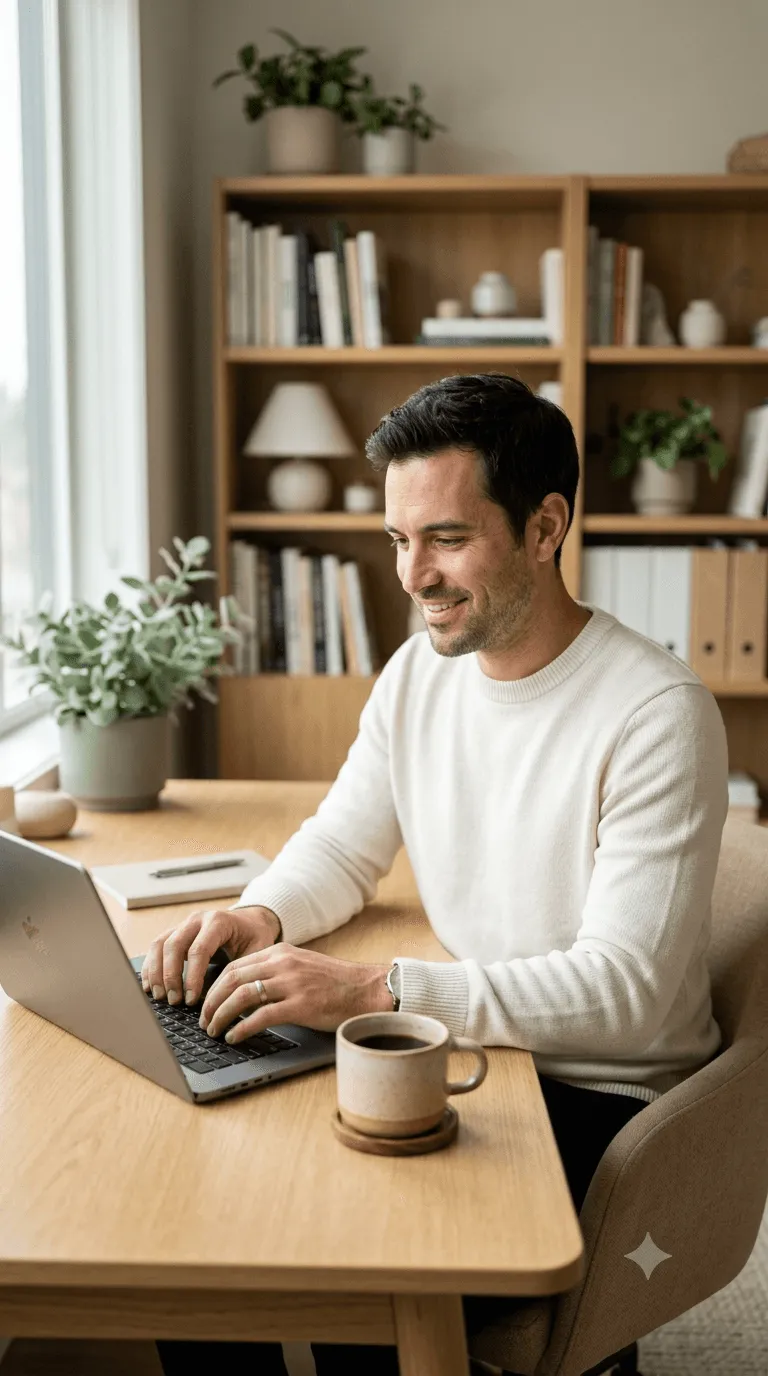 A person working at a table with an open laptop.
