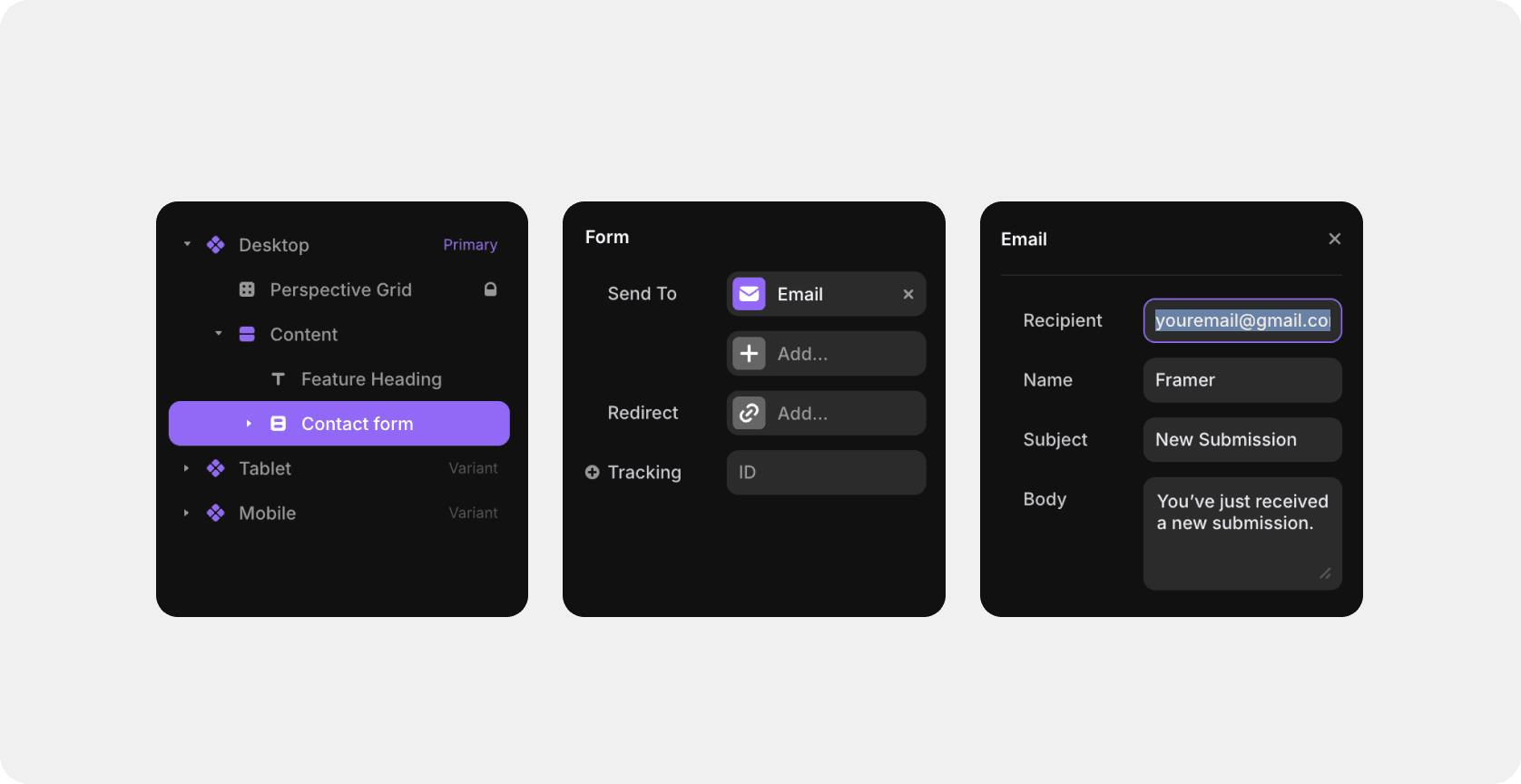 Framer contact form editing panels for desktop, form, and email