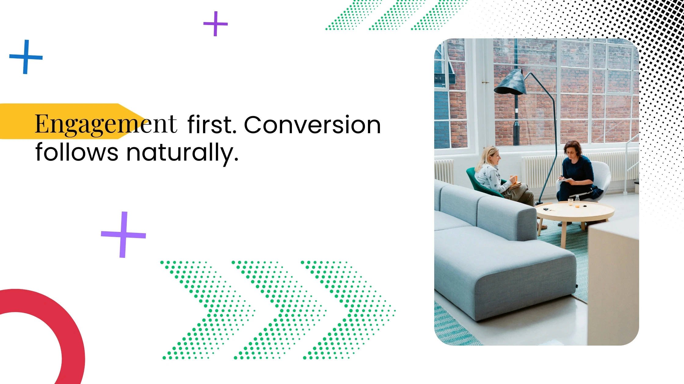 Small group seated in a living room setting, with text about engagement coming before conversion in a community funnel.