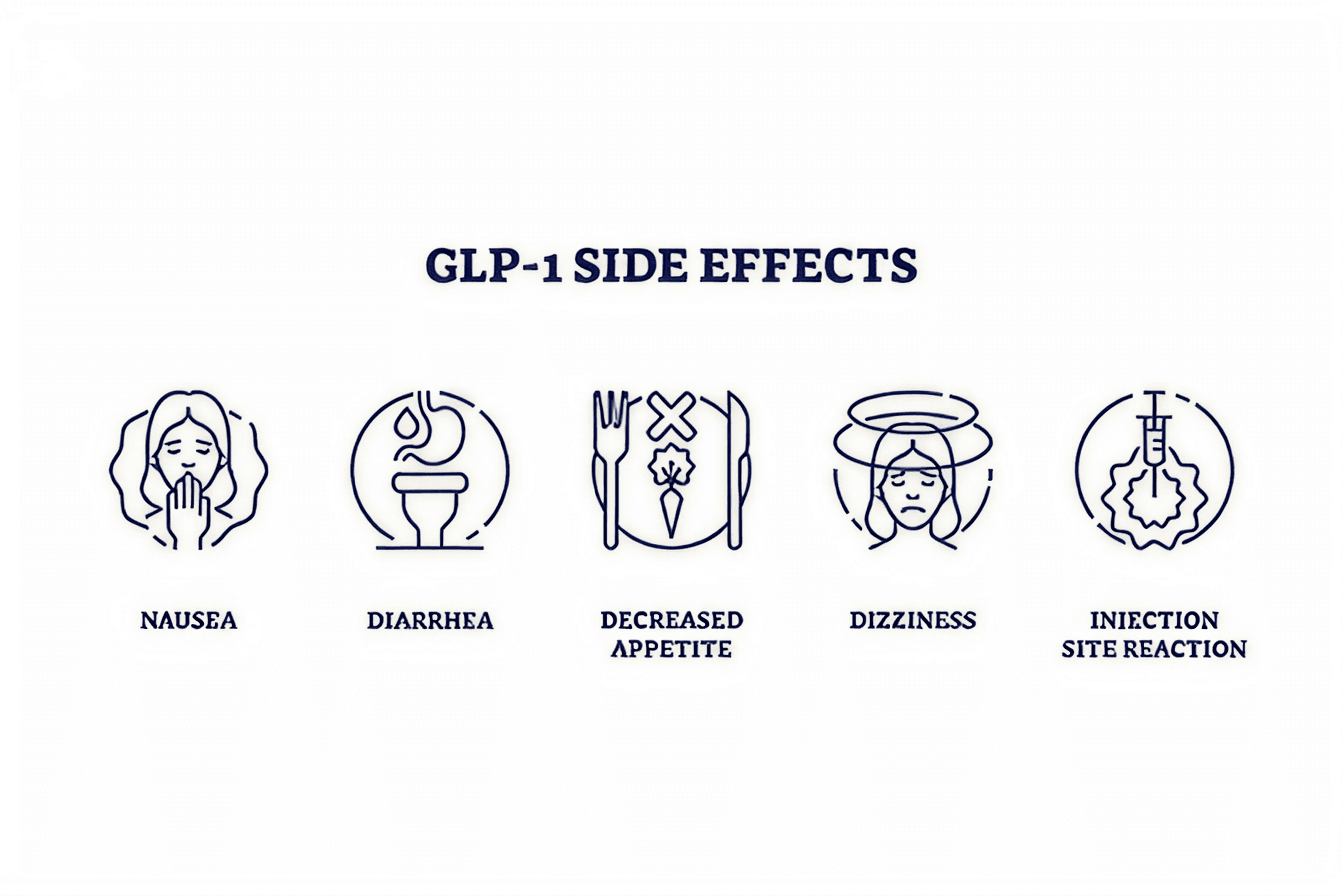 Minimalist infographic showing common GLP-1 side effects like nausea and dizziness