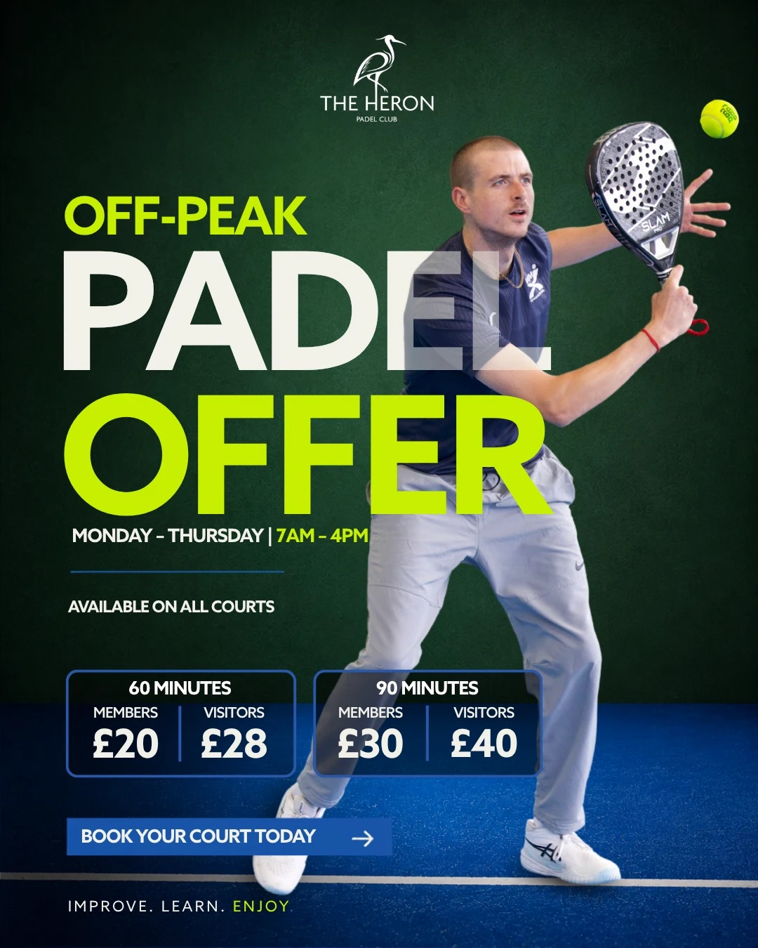 Off-peak Padel Offer: Monday-Thursday 7 AM-4 PM. Prices shown.