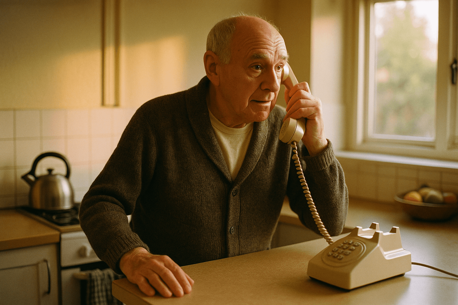 An older man in a kitchen answers a phone in the early morning light.