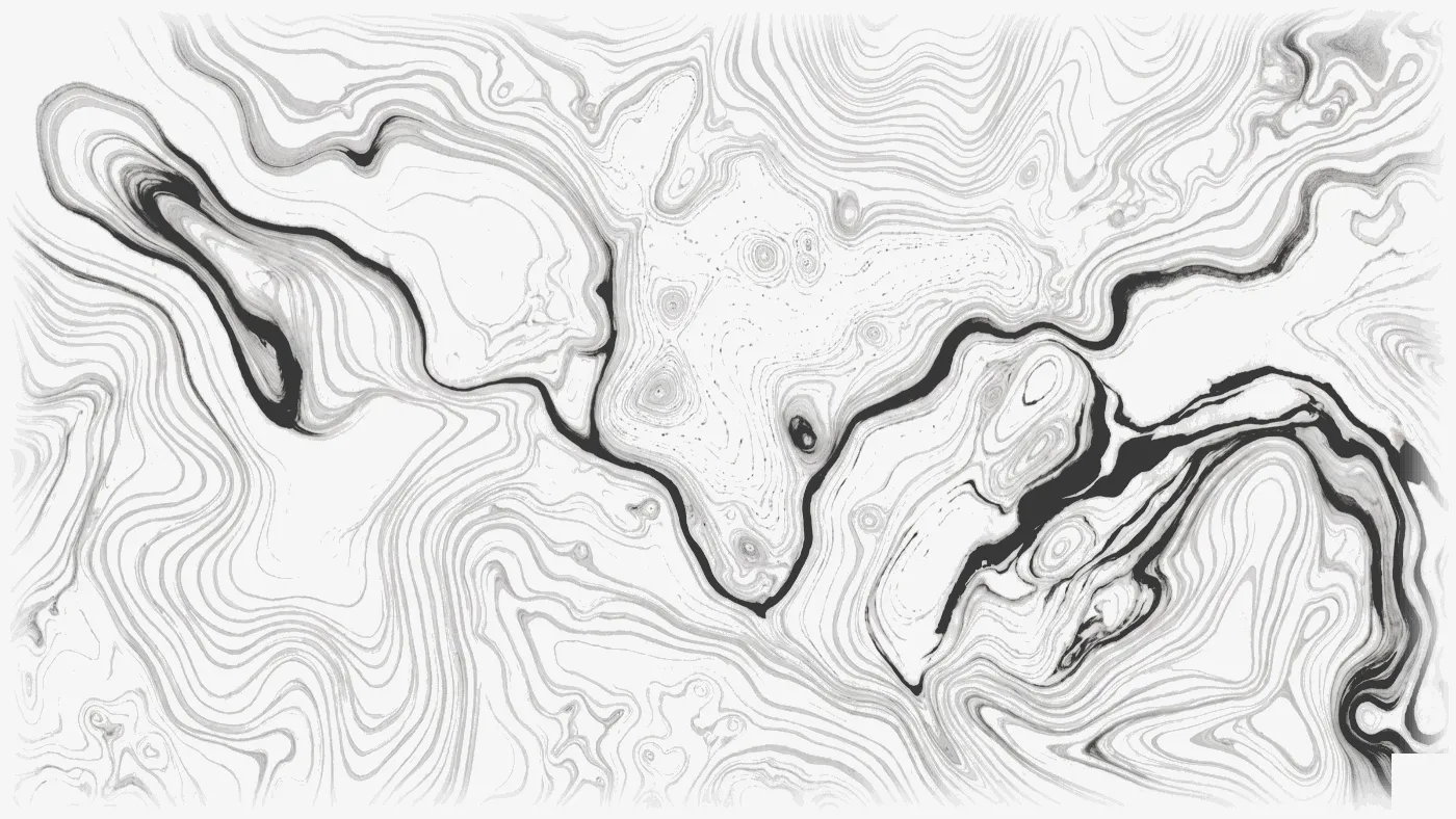 The valley from the opening map re-drawn as floated ink: the hills as pale marbled ribbons that tighten where the ground steepens, the river as one continuous dark ribbon winding through, and the valley floor kept full of small whorls and dots where the woods and the settlement lie.