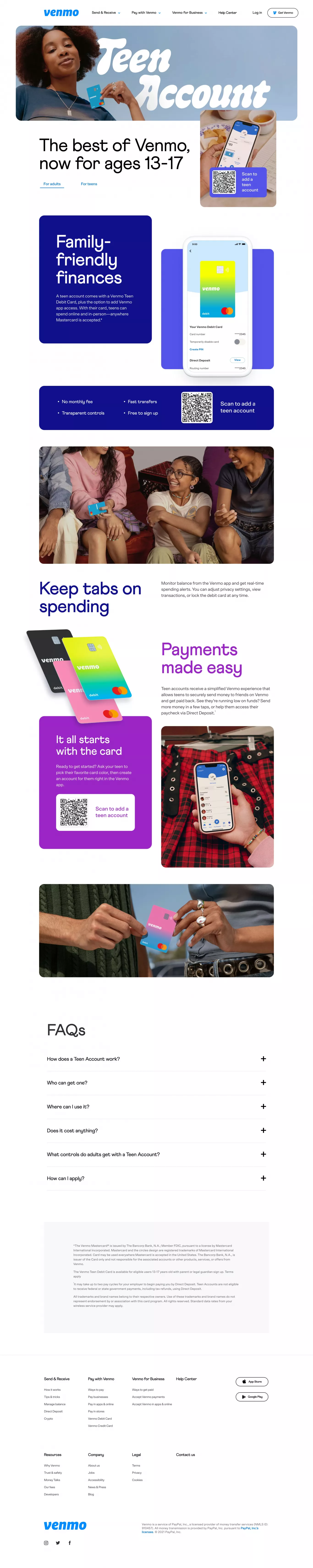 Venmo Teen Account landing page screenshot showcasing Tech and Finance design