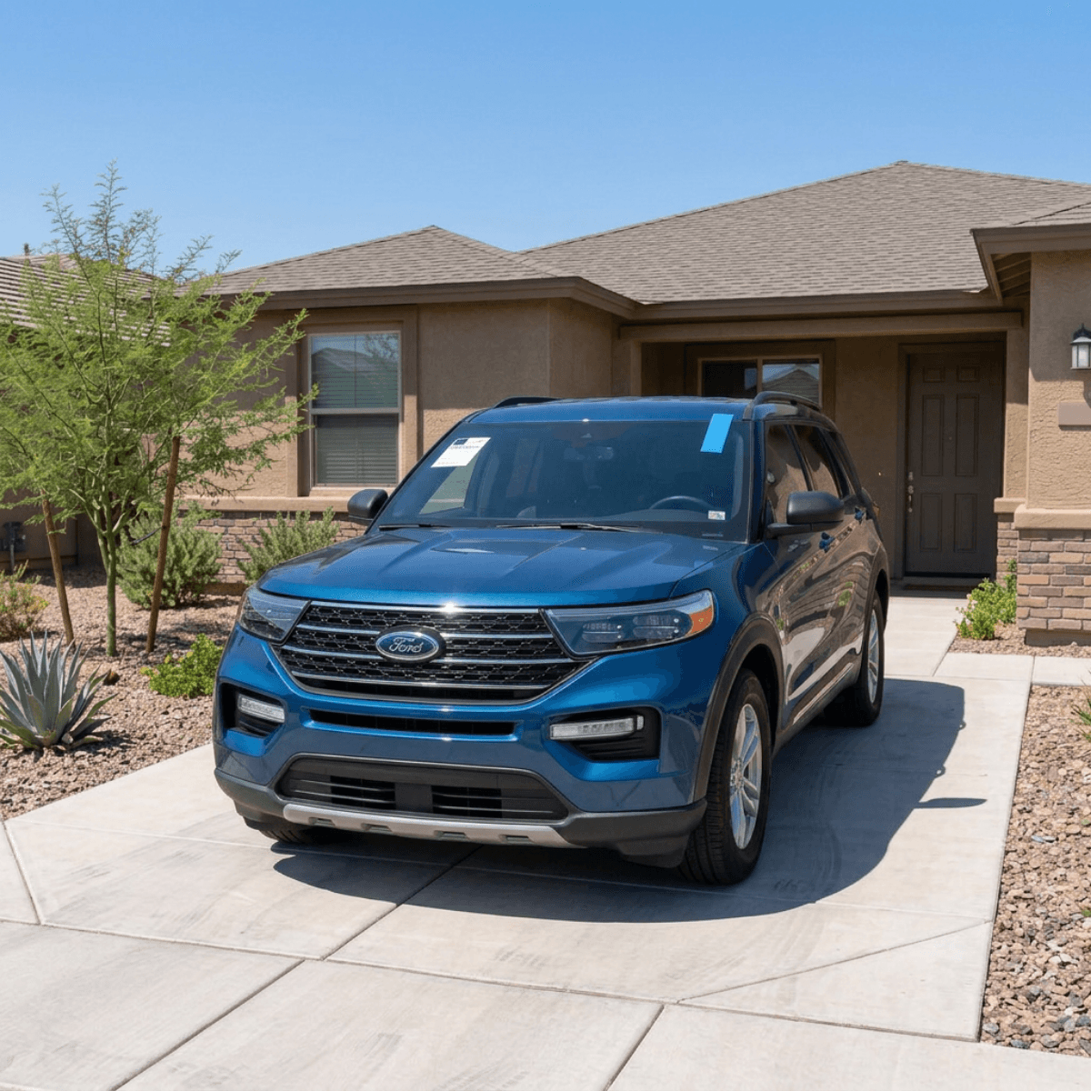 Blue Ford Explorer hybrid with an OEM-grade windshield replacement in a Mesa, Arizona residential area