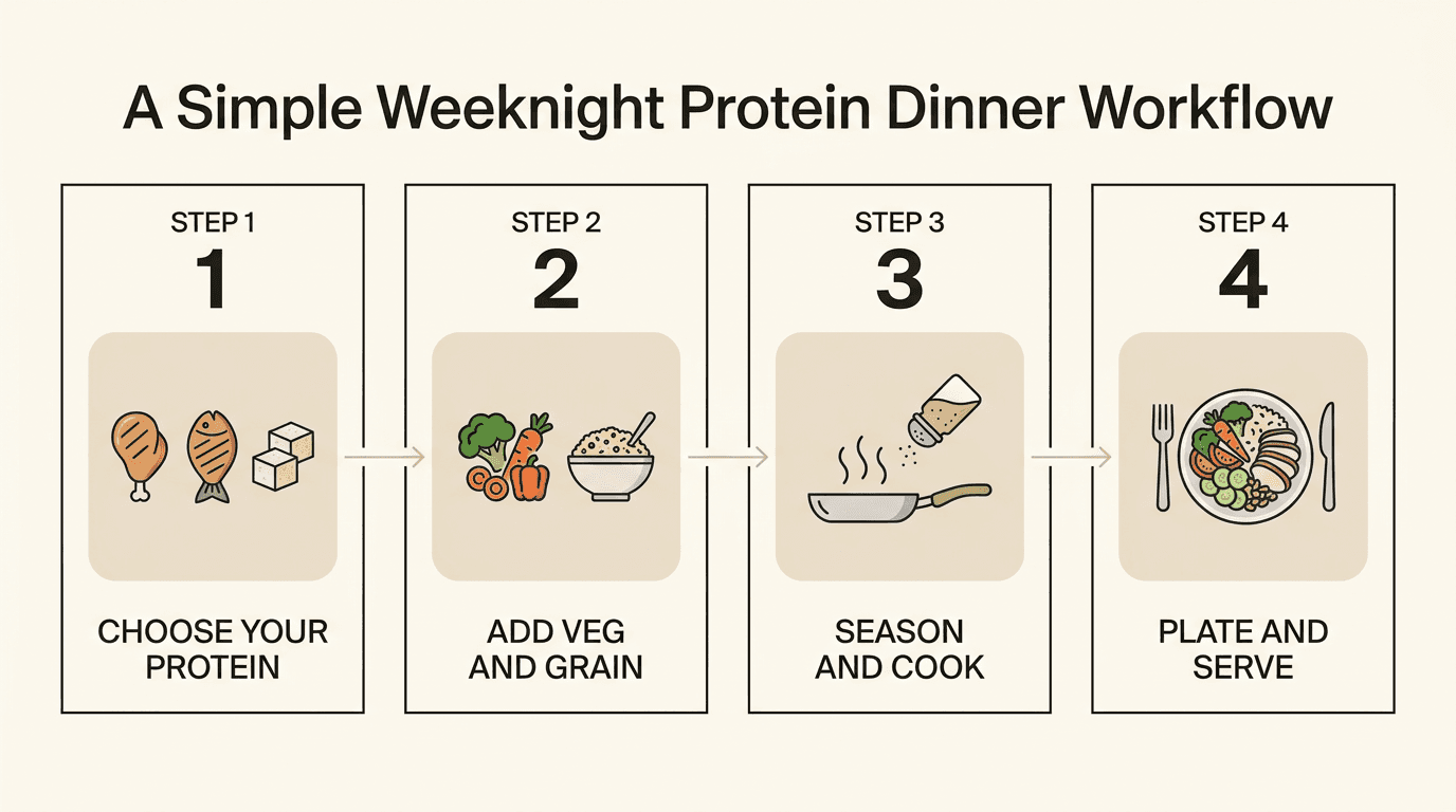 Four-step infographic for building a high-protein weeknight dinner