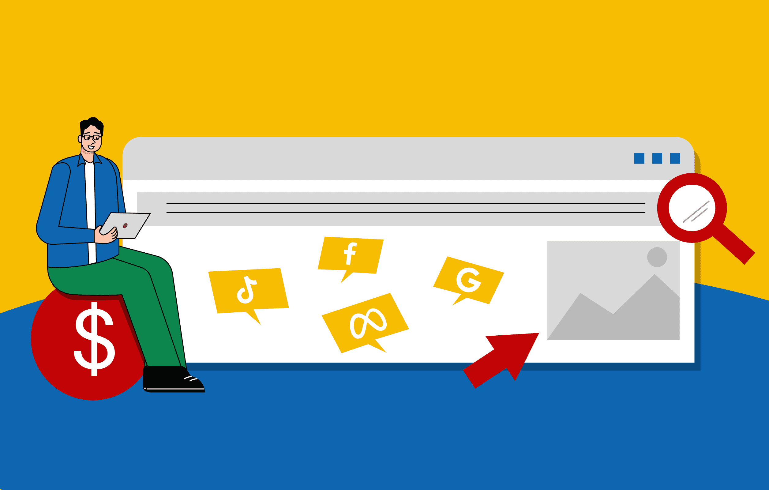 Illustration representing a paid advertising service page, showing Google Ads and Meta Ads campaign management and performance tracking.