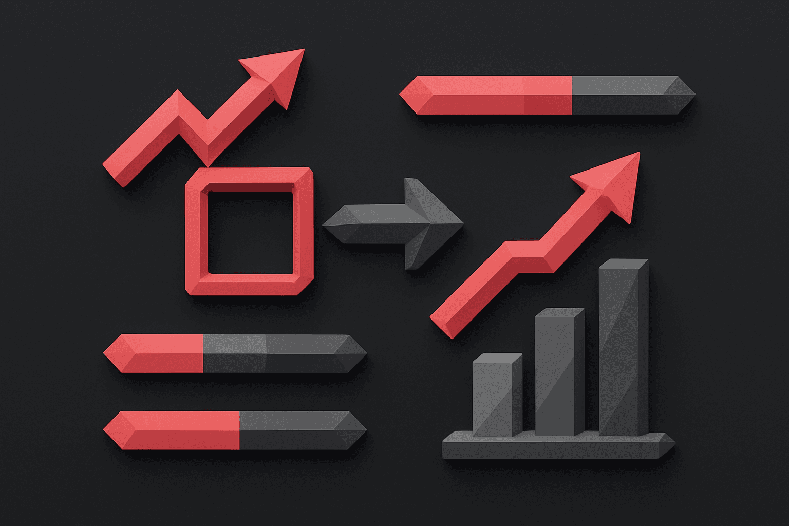 3D infographic elements including arrows, progress bars, and bar charts representing growth and performance metrics