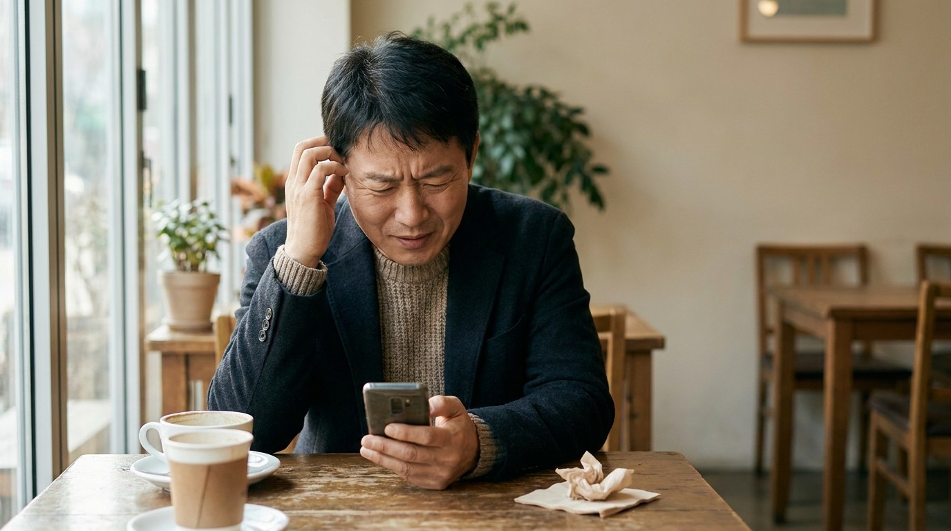 크라운 종류를 두고 무엇을 기준으로 골라야 할지 고민하는 40대 환자 (연출 이미지)