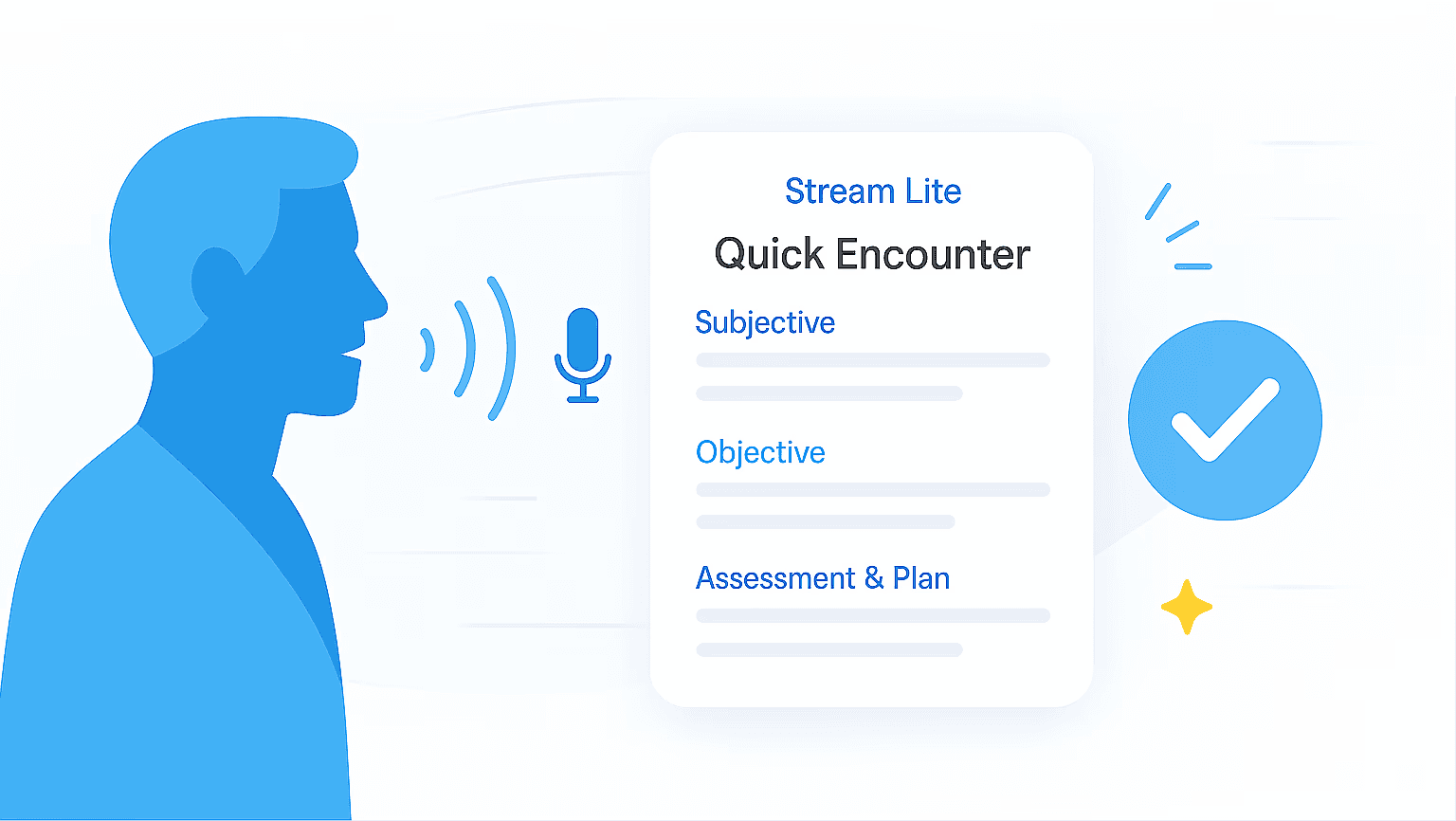 Clinician dictating a single encounter to Stream Lite, as the note assembles instantly under “Quick Encounter” mode.