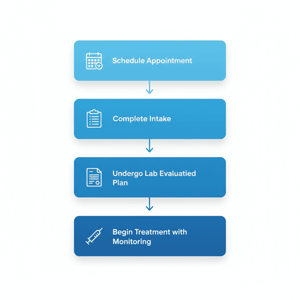 Vertical process flow illustrating five steps to start TRT treatment: schedule appointment, complete intake, lab evaluation, personalized plan, and begin treatment with monitoring.