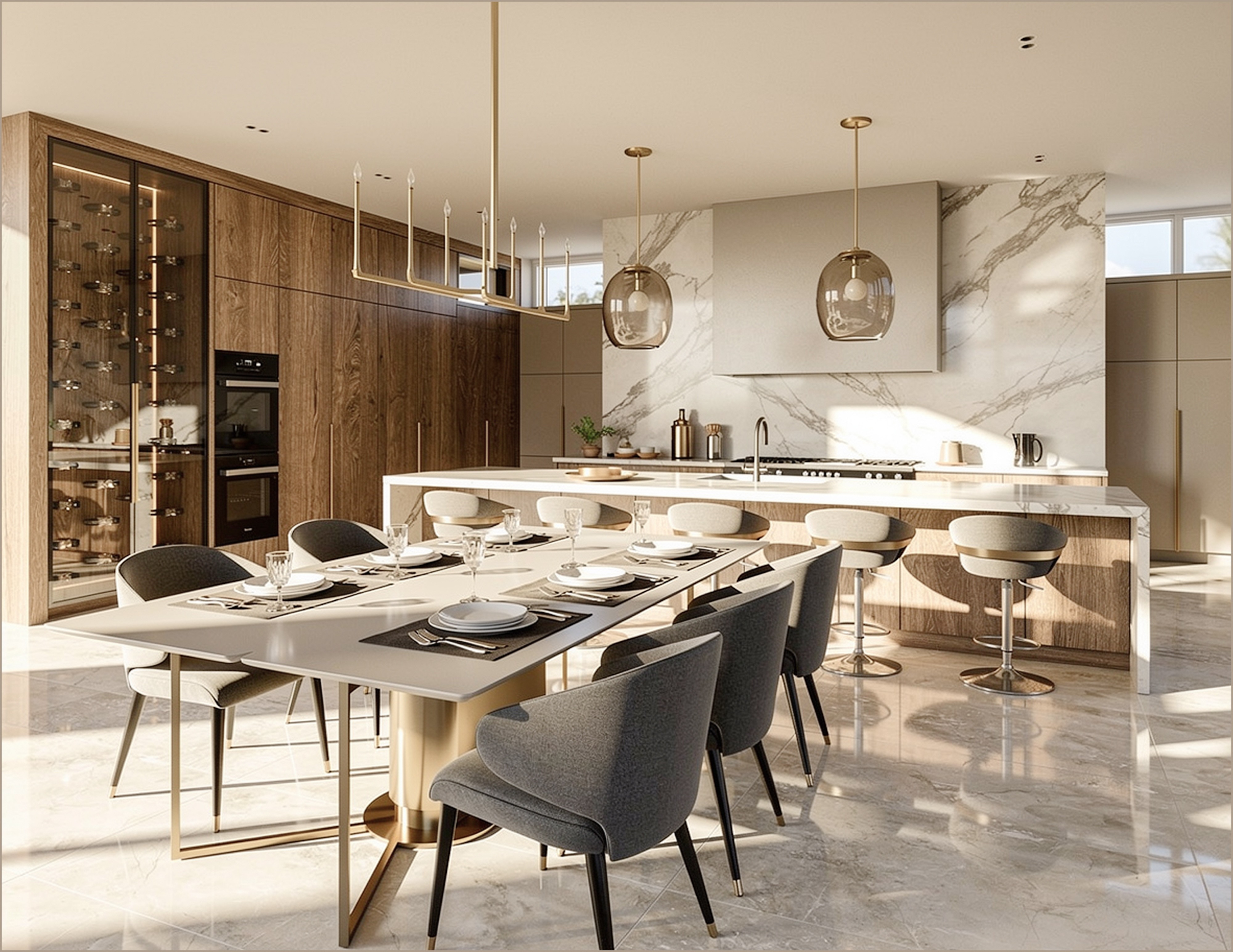 Luxury kitchen and dining area with a marble backsplash, warm wood cabinetry, and wine display.