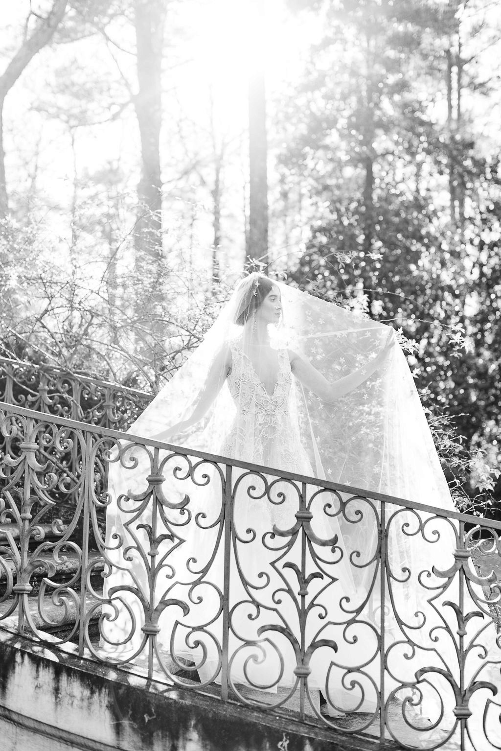 Stunning black and white image of bride underneath her veil in the sunlight.