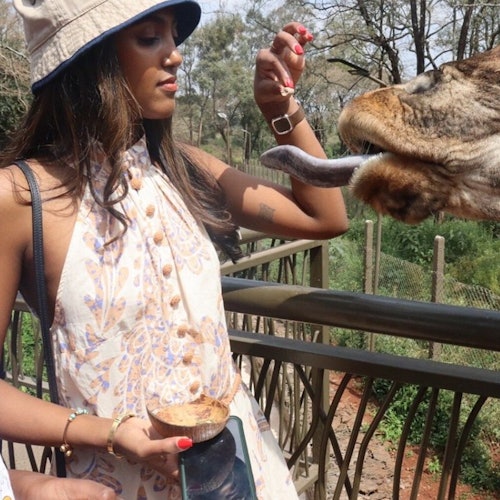 Feeding a giraffe at the giraffe center.