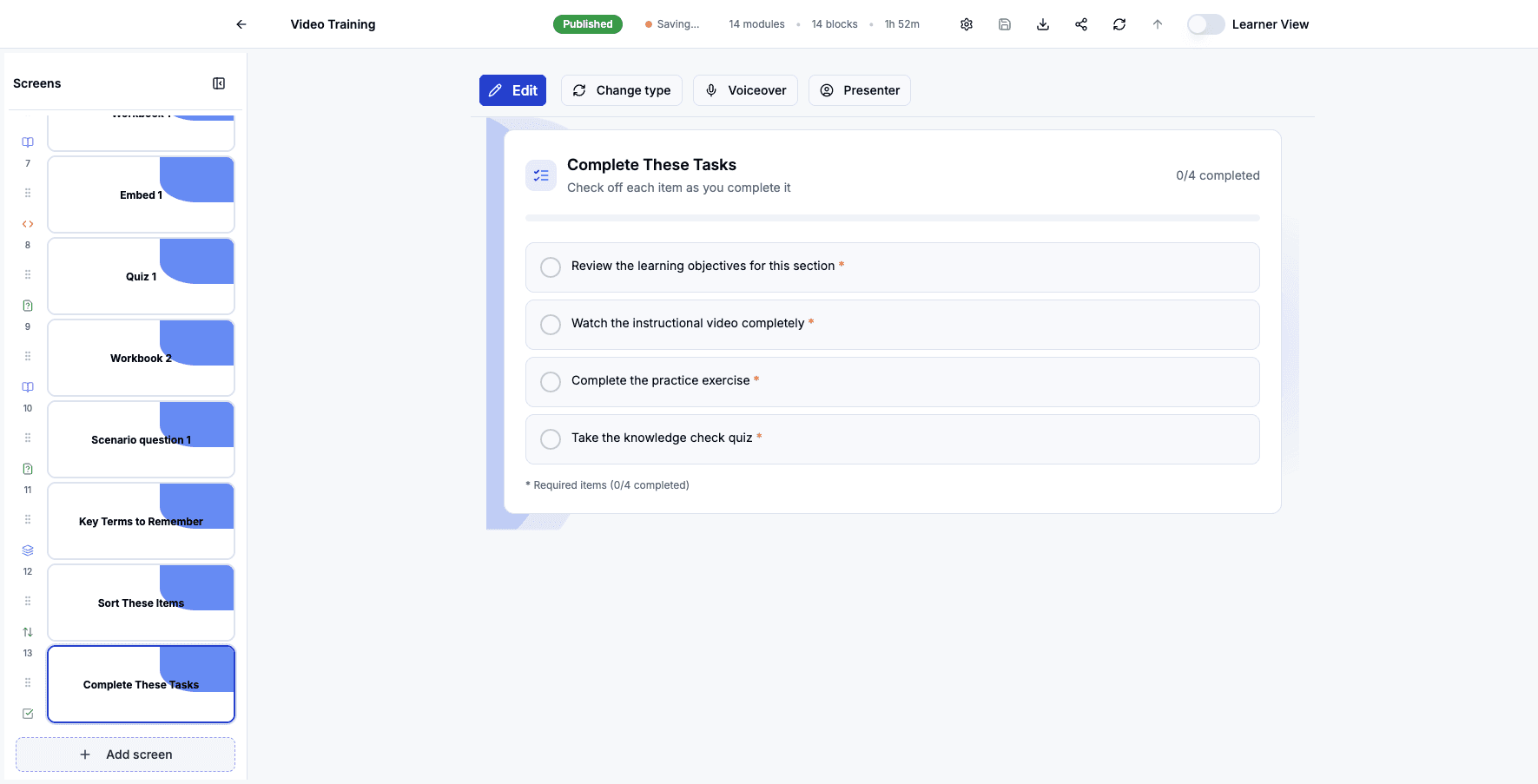 Click Add screen to add step-by-step instructional content.