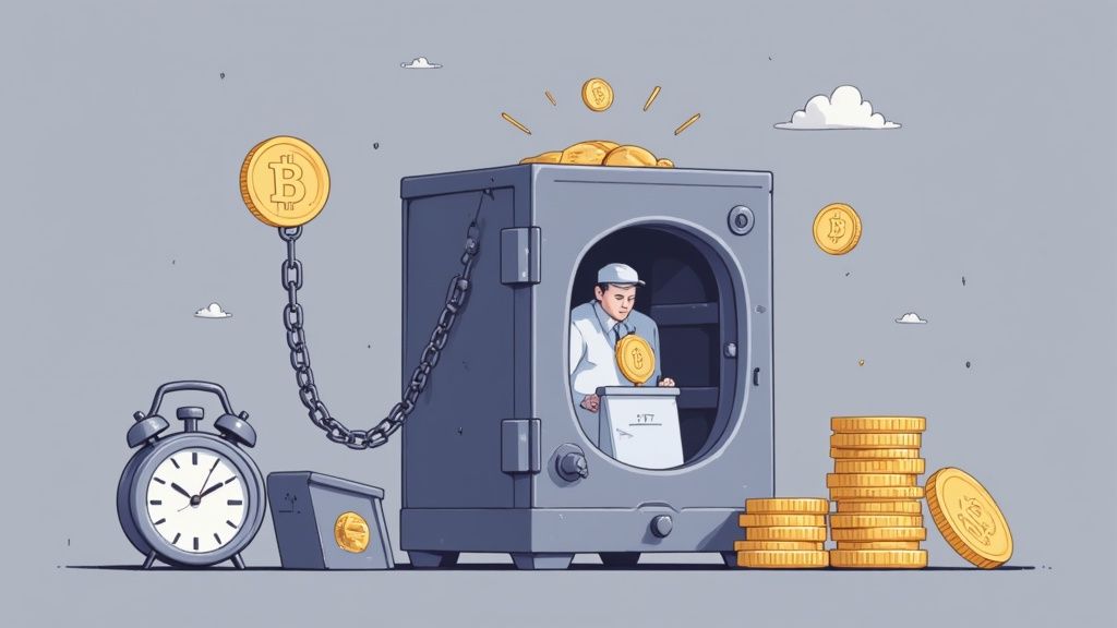 An illustration of a man securing a Bitcoin into an NFT box inside a safe, surrounded by an alarm clock.