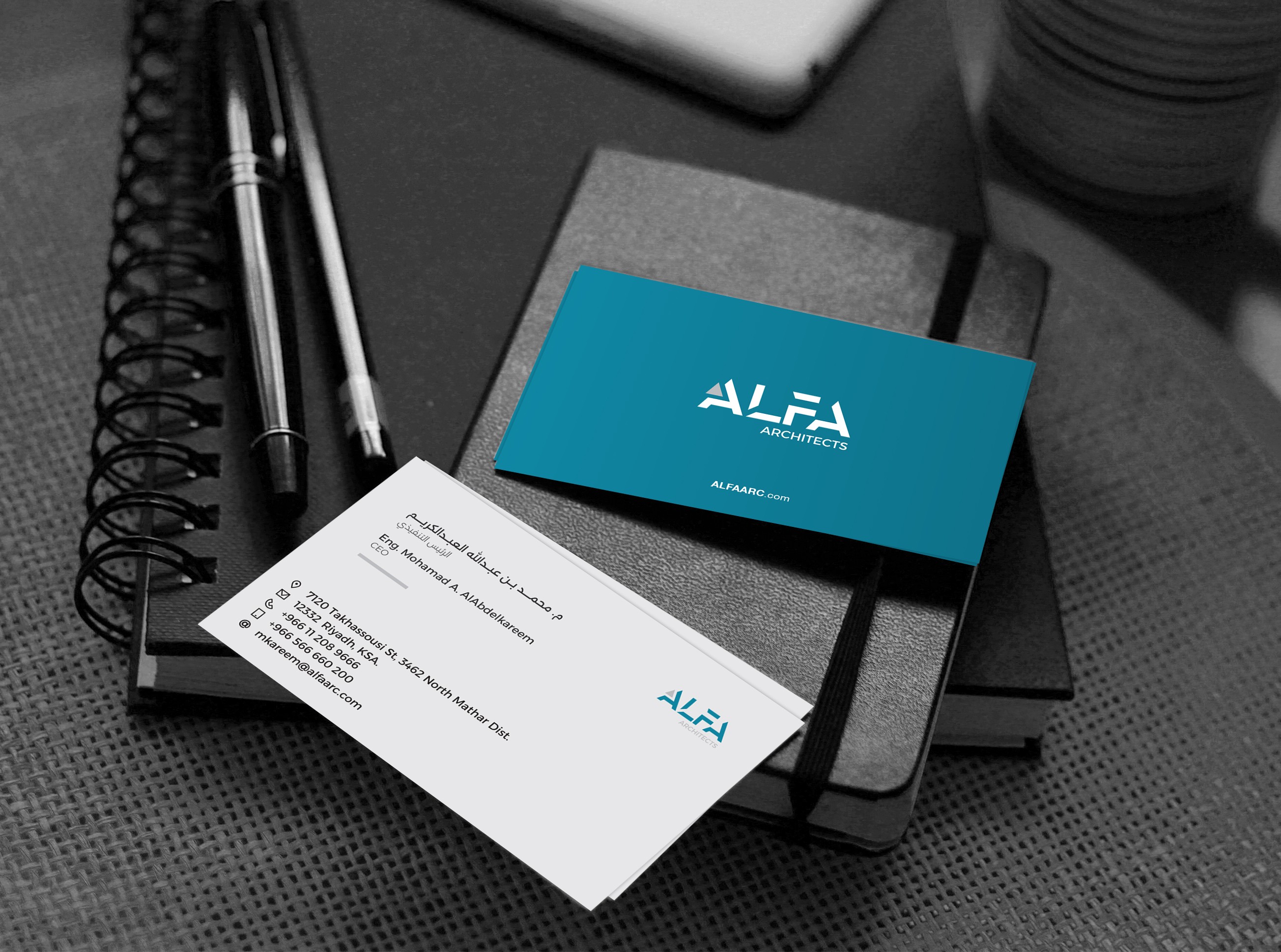 Business stationery design for Alfa including envelope, card, and letterhead