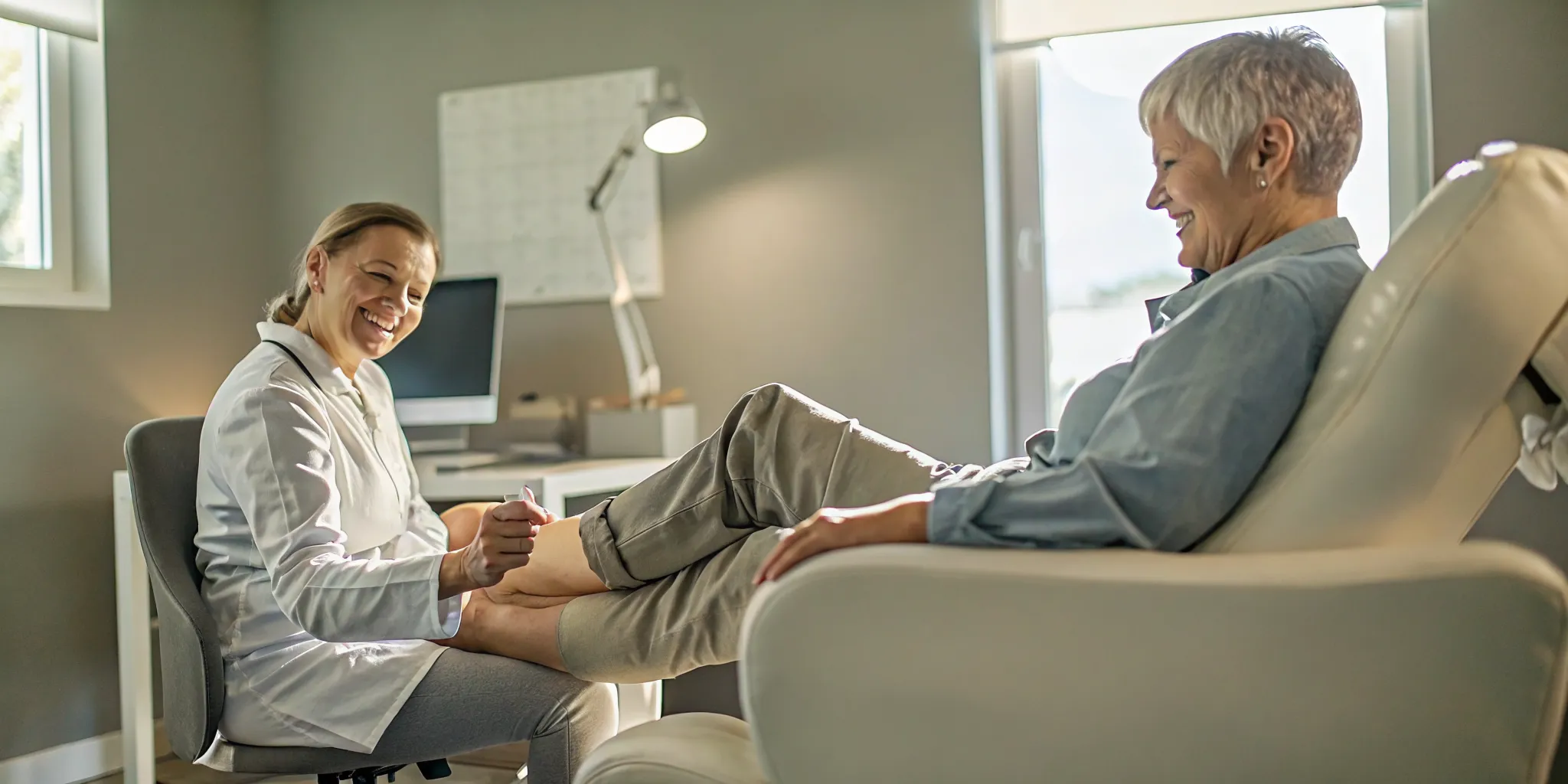 A podiatrist speaking with an older adult patient in a bright clinic about foot health