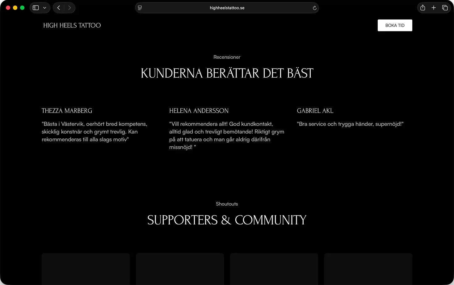 Kundrecensioner på High Heels Tattoos hemsida med namn och citat.