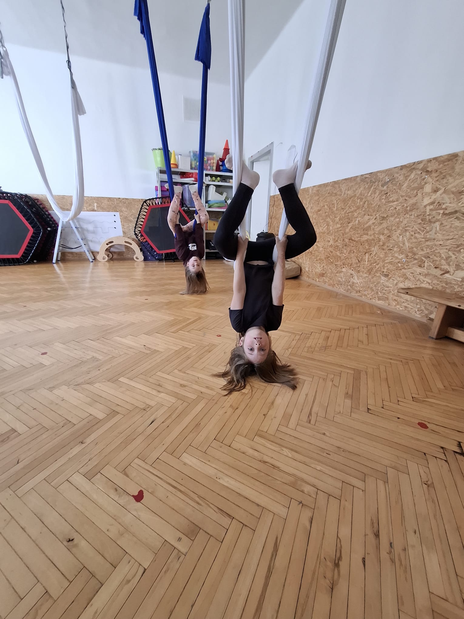 Děti s batohy kráčejí po široké lesní cestě lemované listnatými stromy.