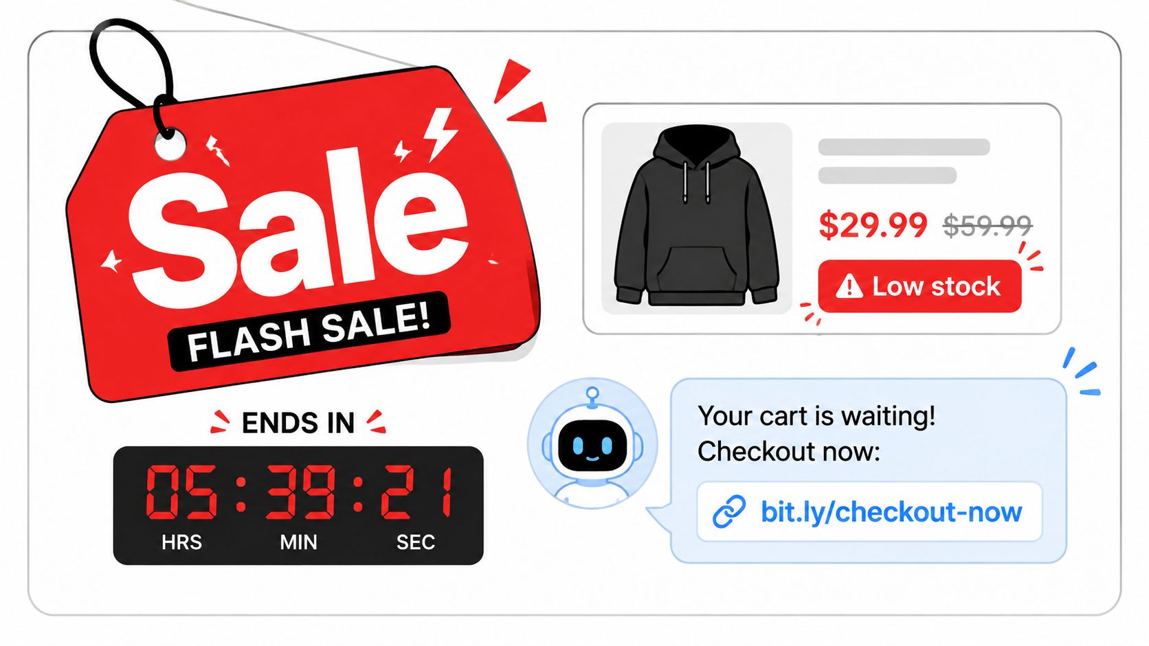 A digital promotional graphic featuring a flash sale countdown timer, a discounted black hoodie, and a checkout reminder bot.