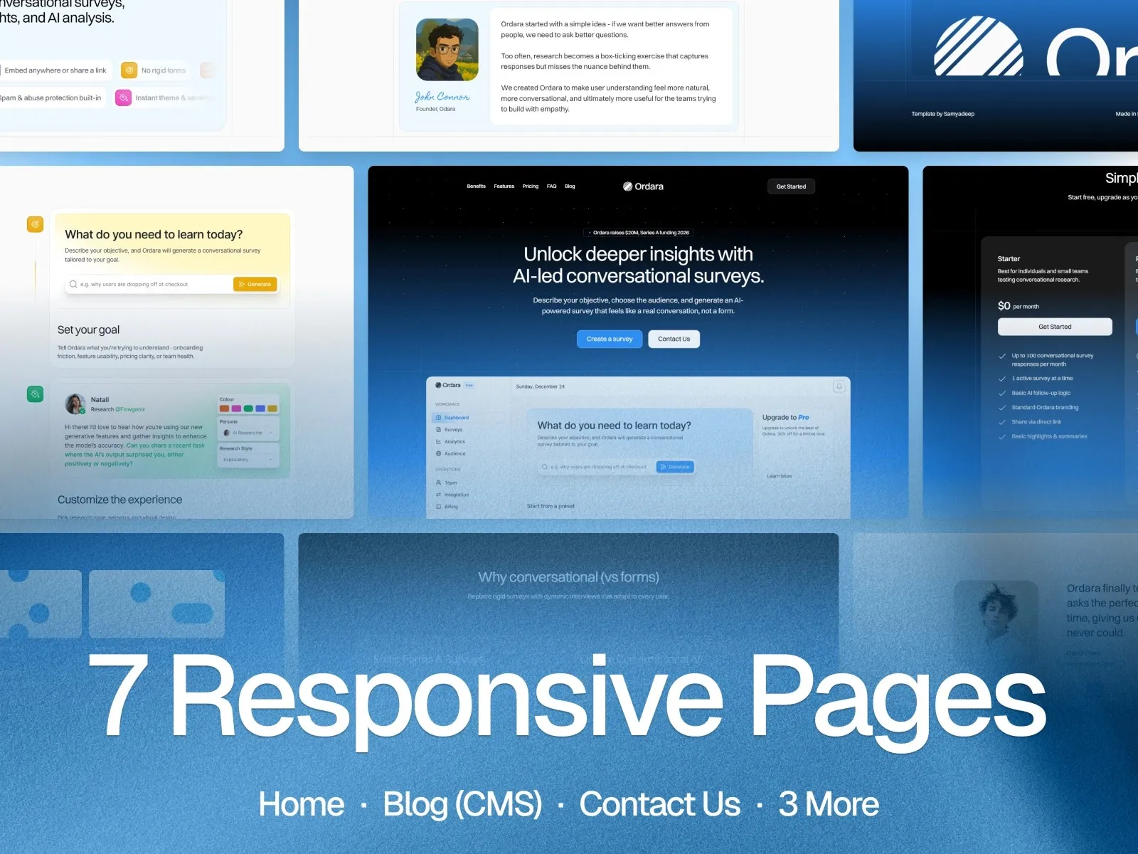 Overview of seven responsive web page designs with various text elements.