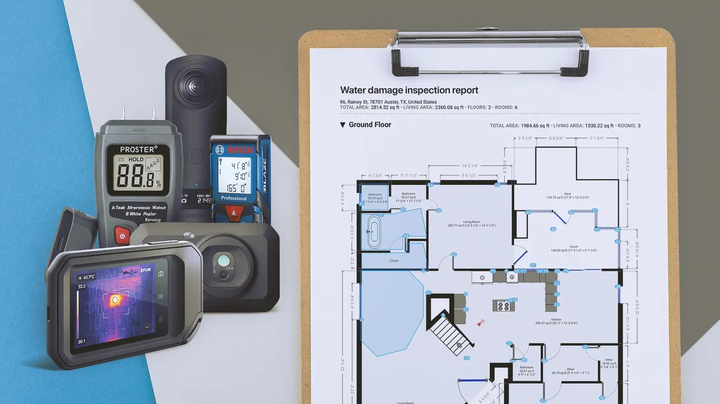 a floor plan and 360° cameras, bluetooth laser meter